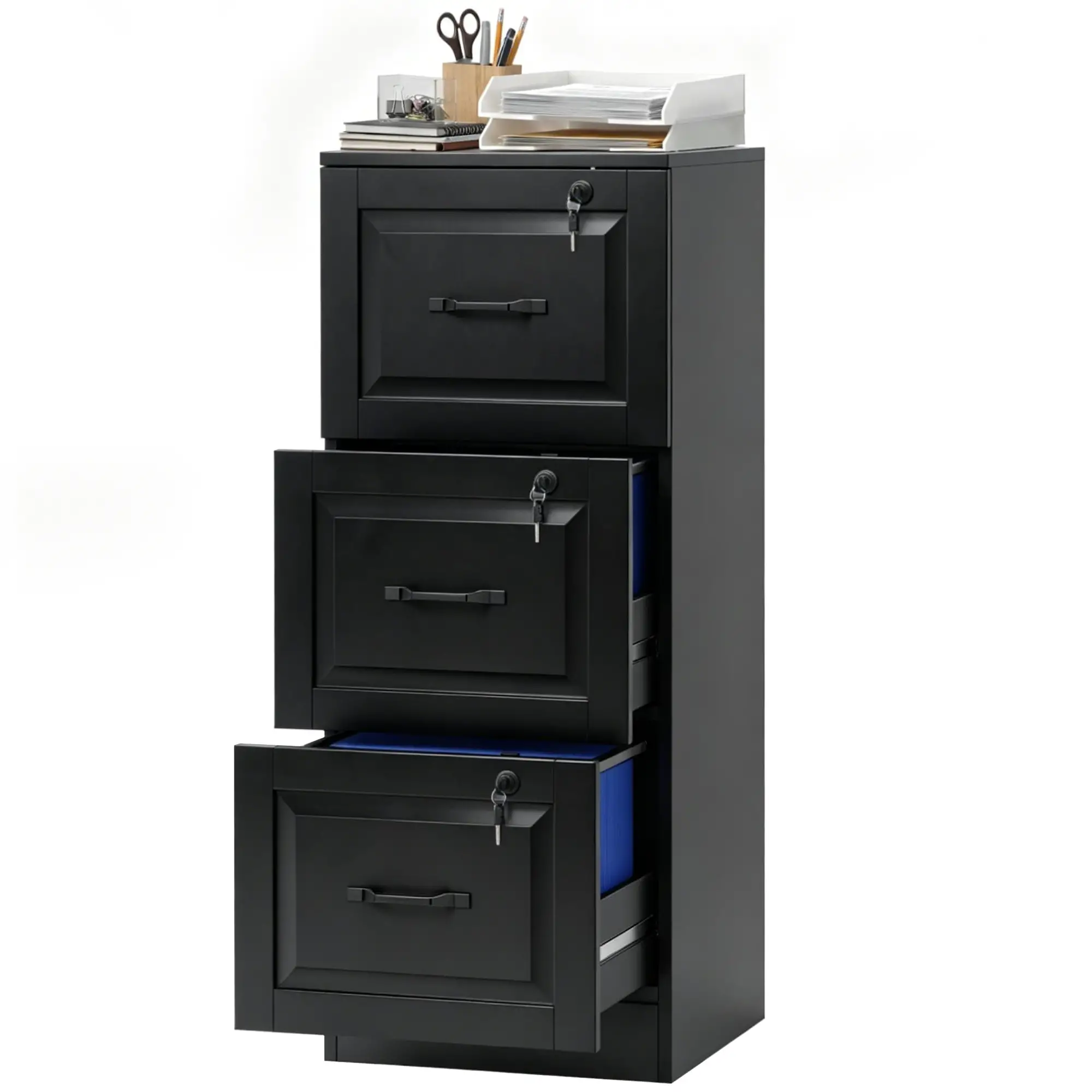 3 Drawer File Cabinet With Lock, Vertical Filing Cabinet, Black