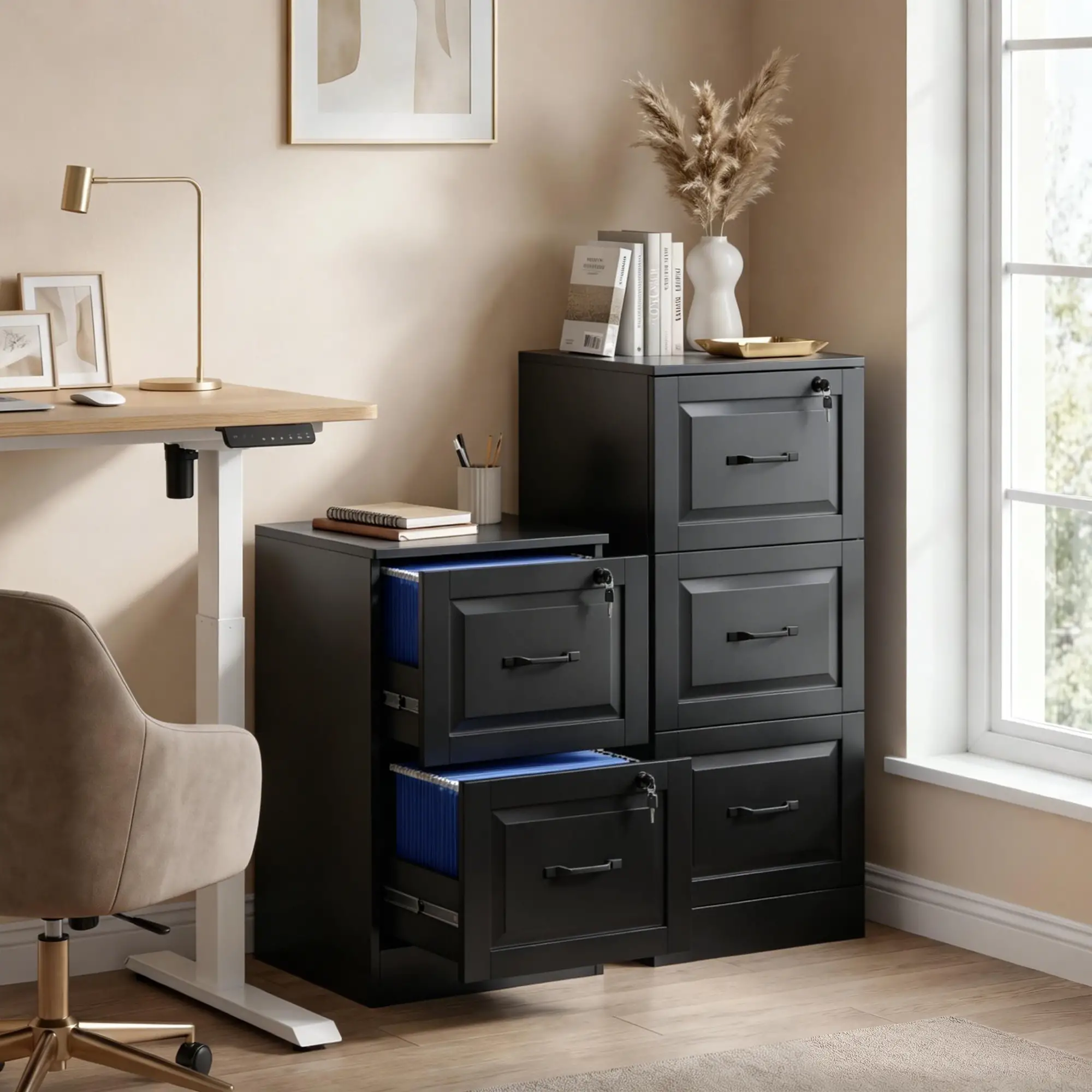 3 Drawer File Cabinet With Lock, Vertical Filing Cabinet, Black - Image 10