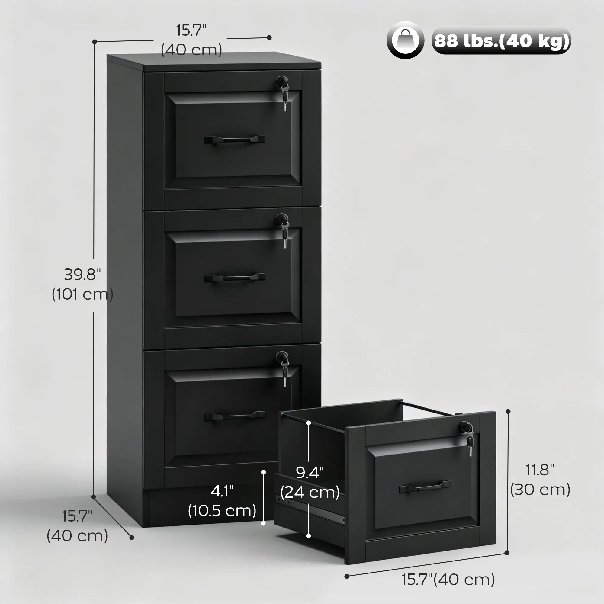 3 Drawer File Cabinet With Lock, Vertical Filing Cabinet, Black - Image 3