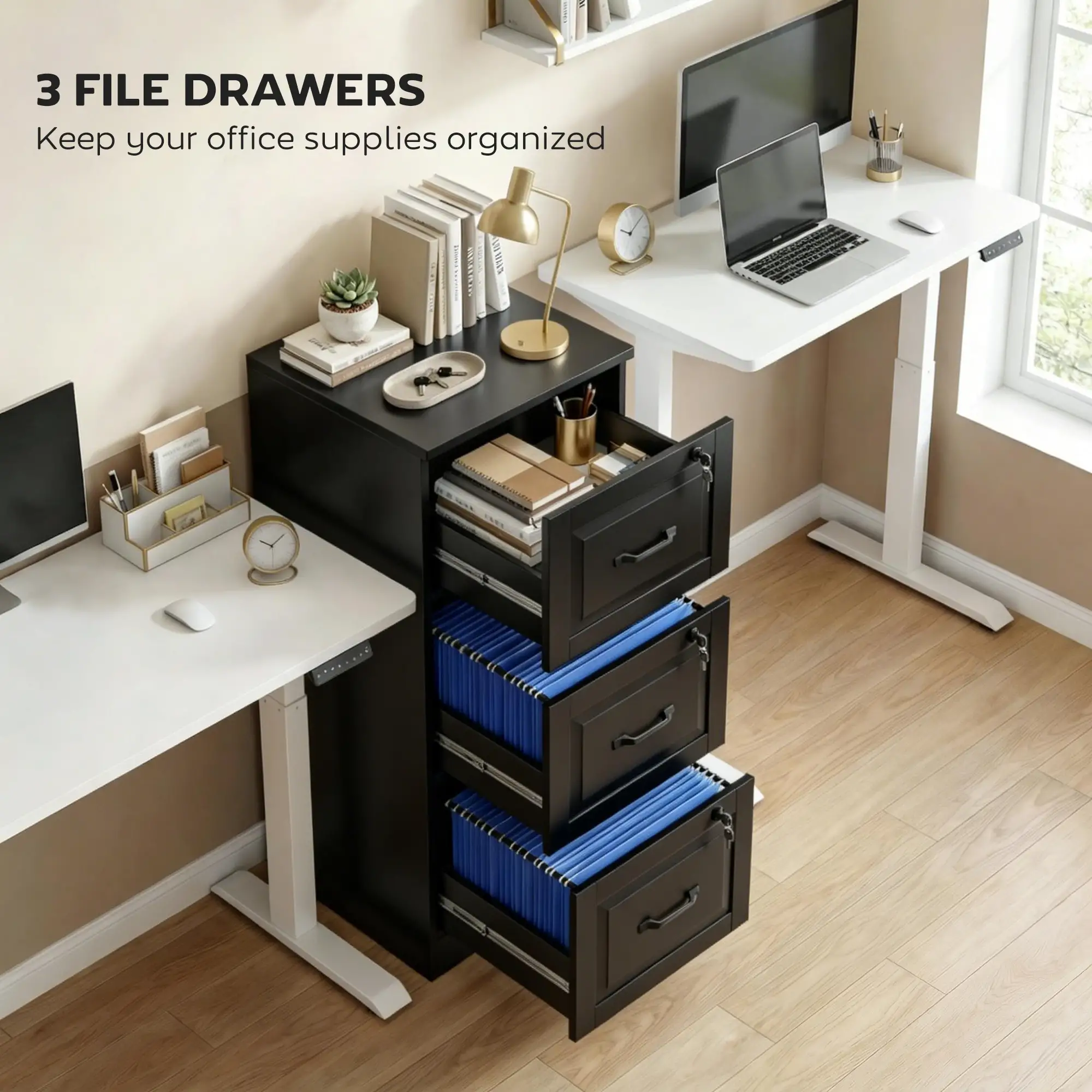 3 Drawer File Cabinet With Lock, Vertical Filing Cabinet, Black - Image 4
