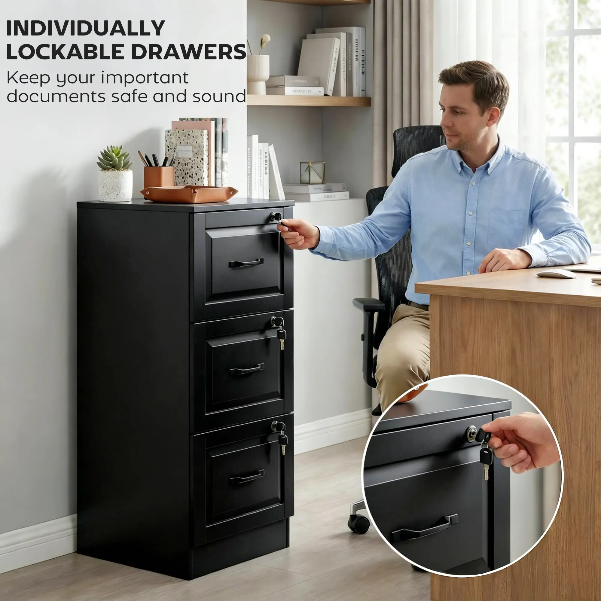 3 Drawer File Cabinet With Lock, Vertical Filing Cabinet, Black - Image 6