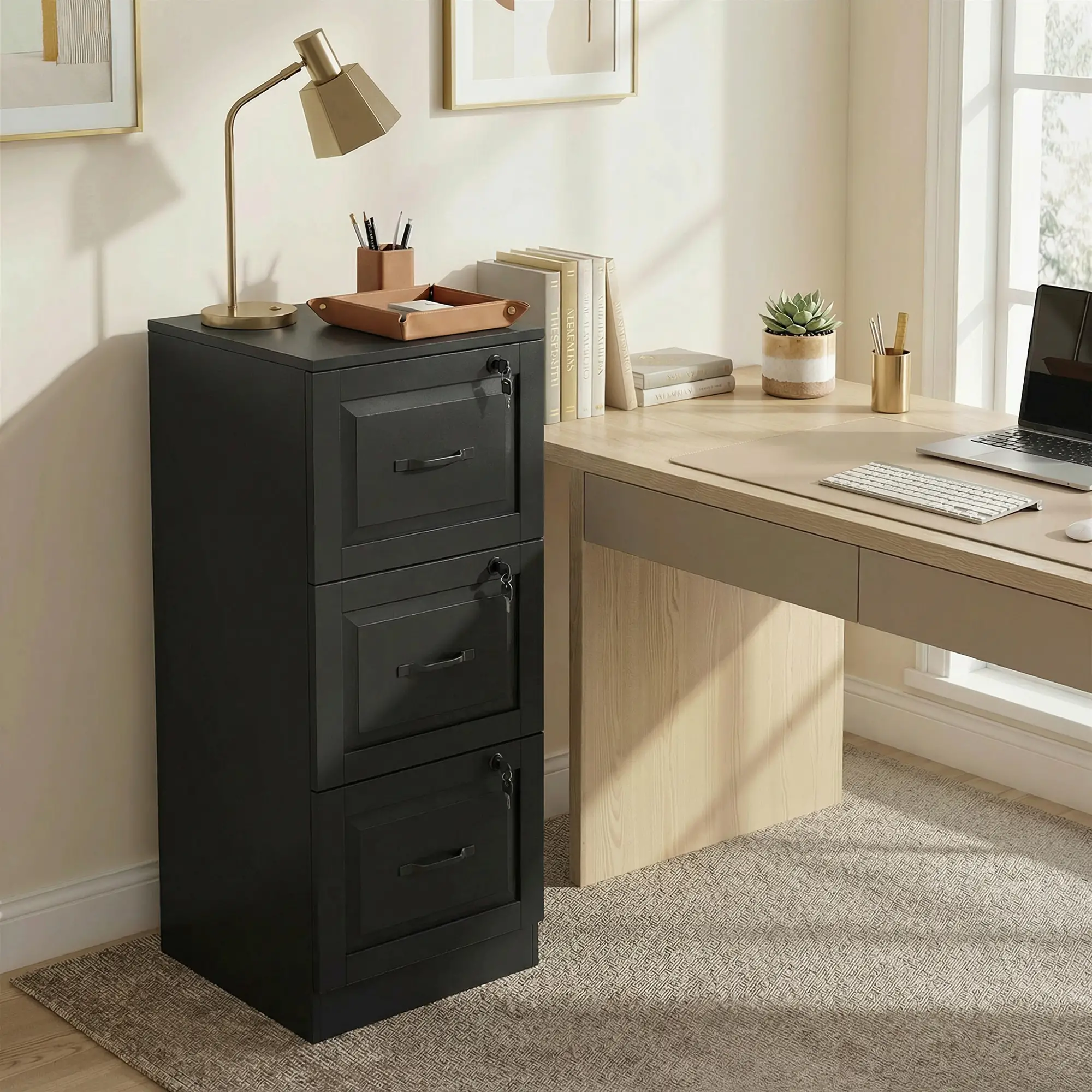 3 Drawer File Cabinet With Lock, Vertical Filing Cabinet, Black - Image 8
