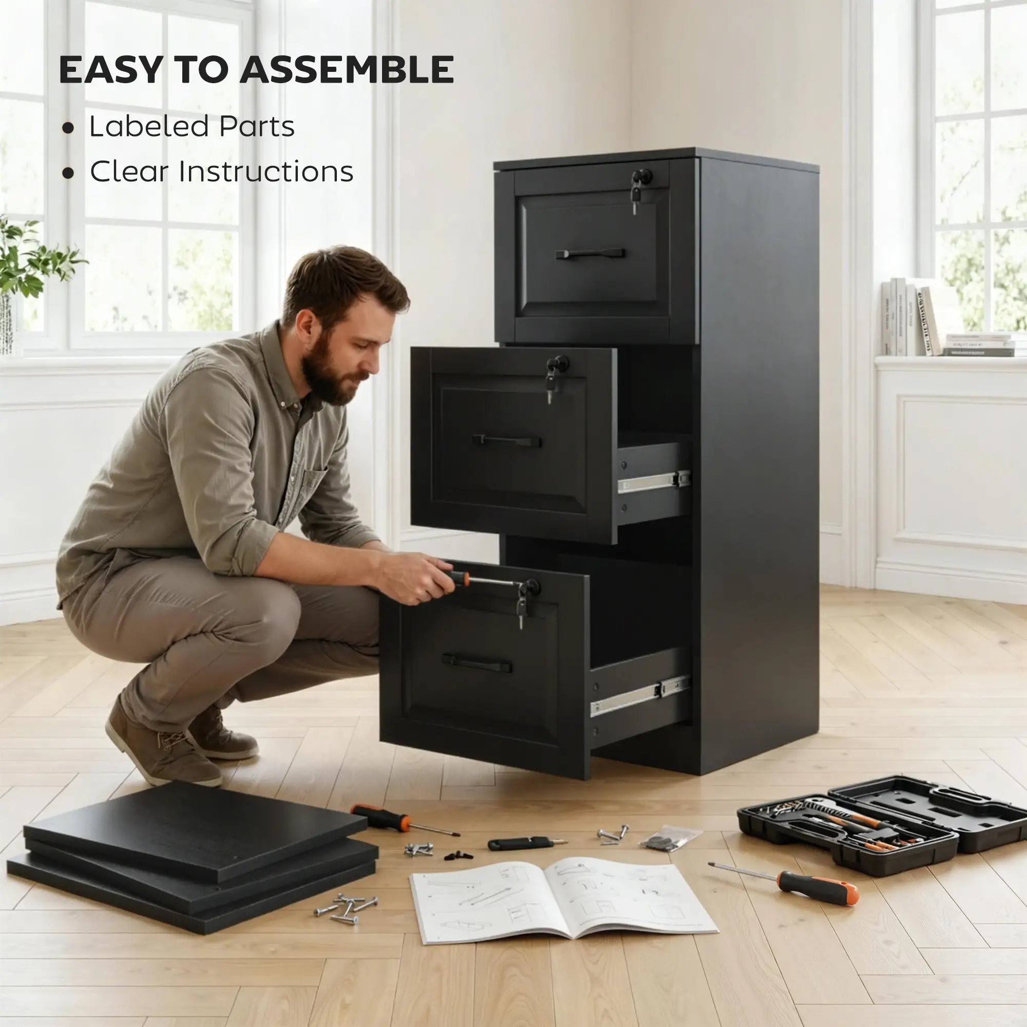3 Drawer File Cabinet With Lock, Vertical Filing Cabinet, Black - Image 9