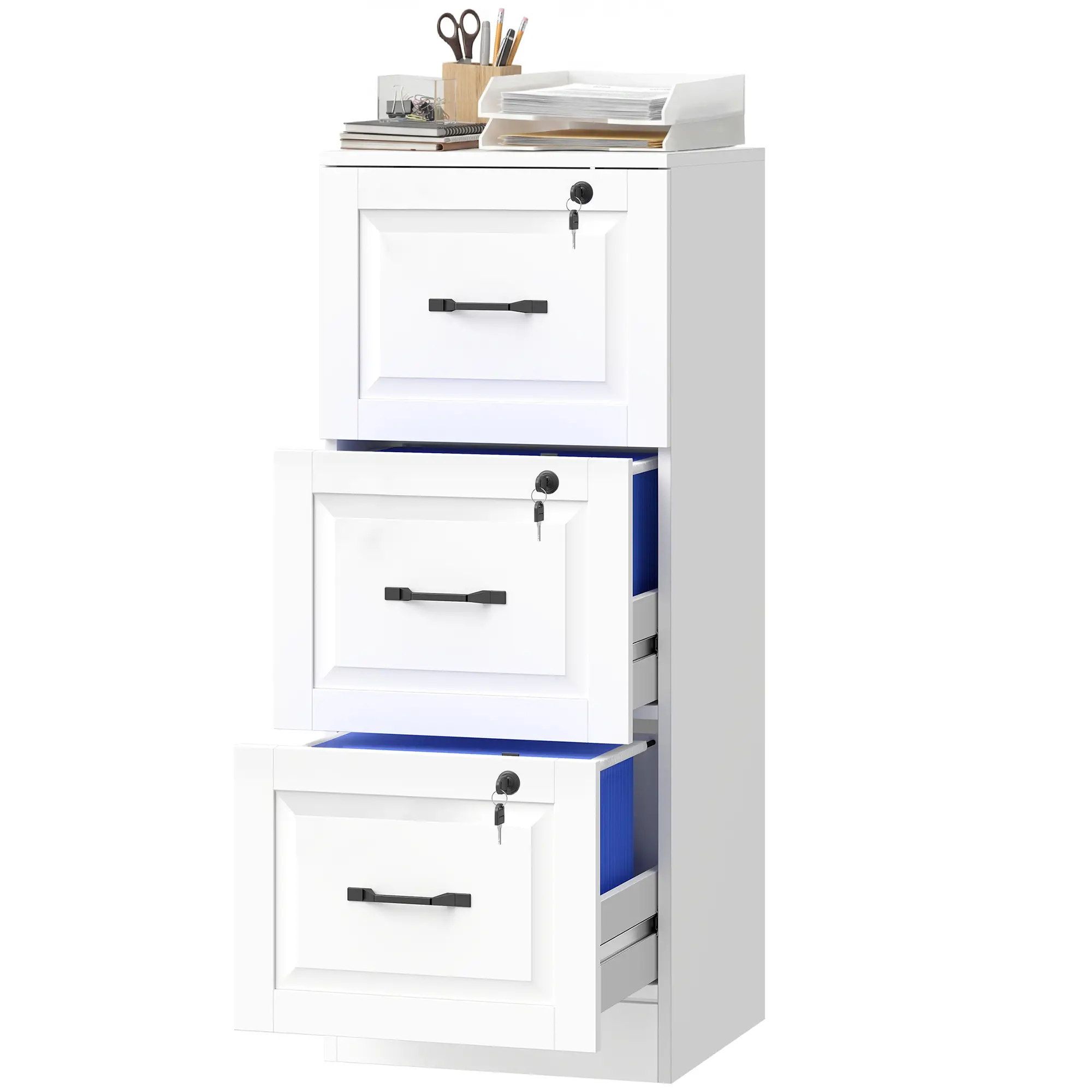 3 Drawer File Cabinet With Lock, Vertical Filing Cabinet, White