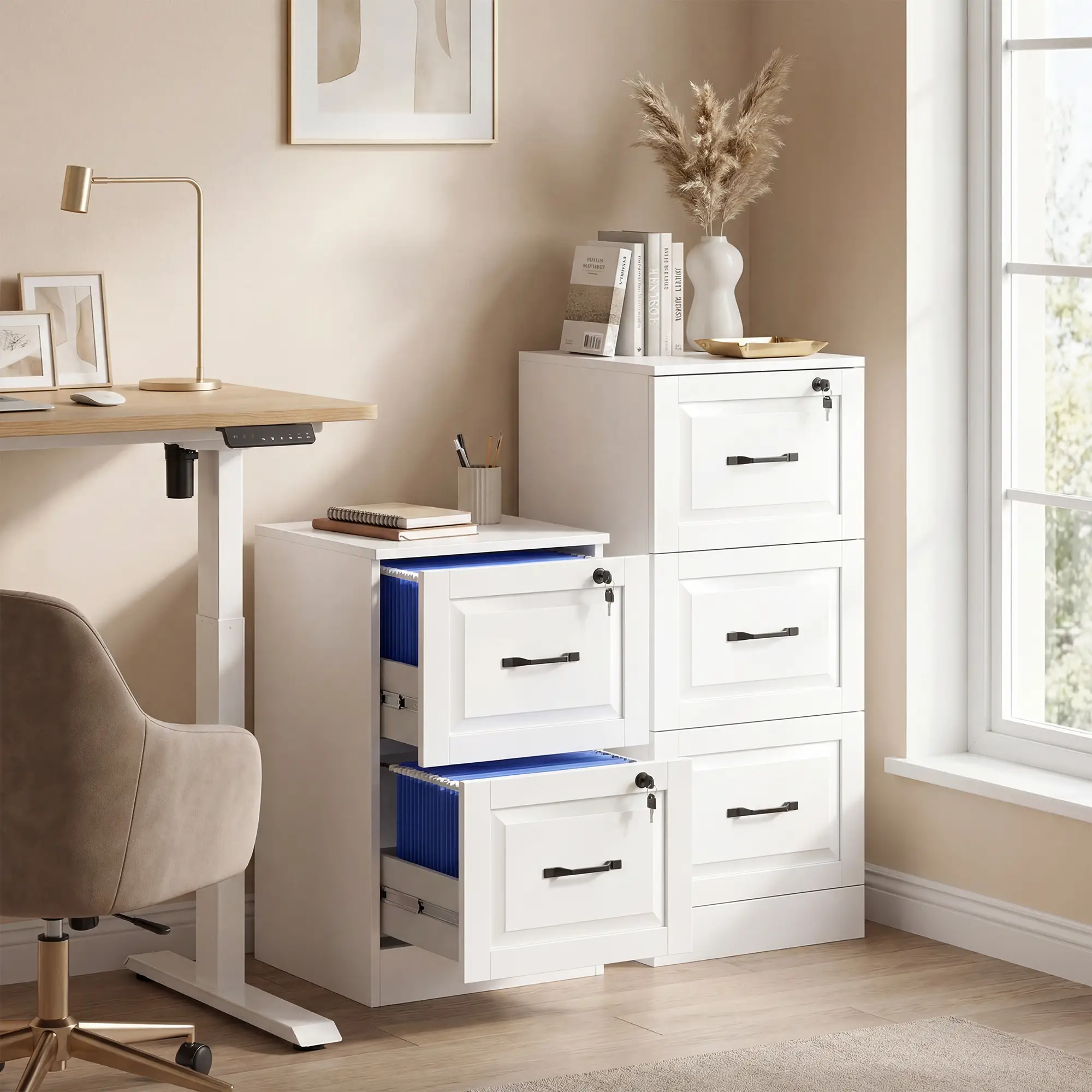 3 Drawer File Cabinet With Lock, Vertical Filing Cabinet, White - Image 10