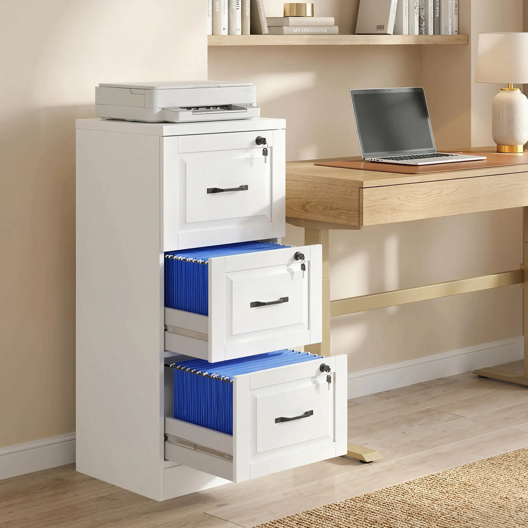 3 Drawer File Cabinet With Lock, Vertical Filing Cabinet, White - Image 2