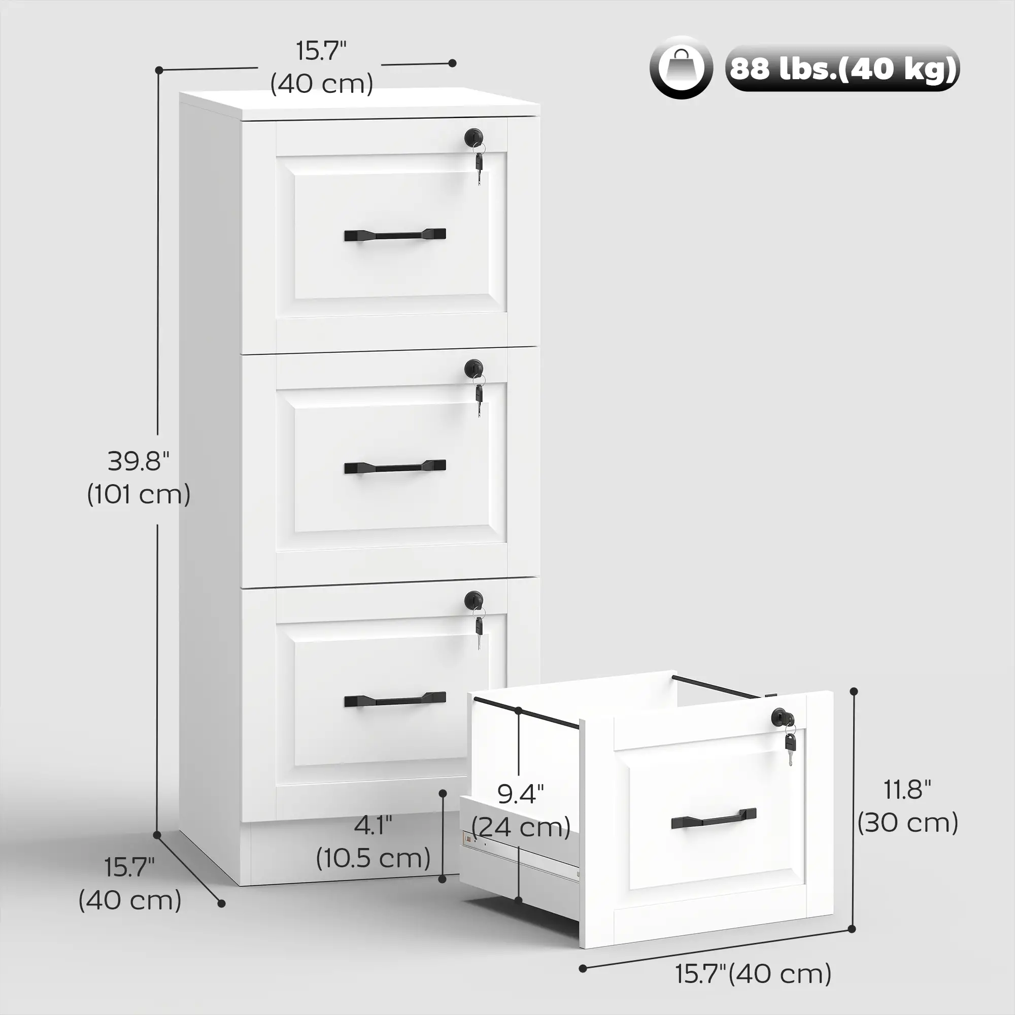 3 Drawer File Cabinet With Lock, Vertical Filing Cabinet, White - Image 3