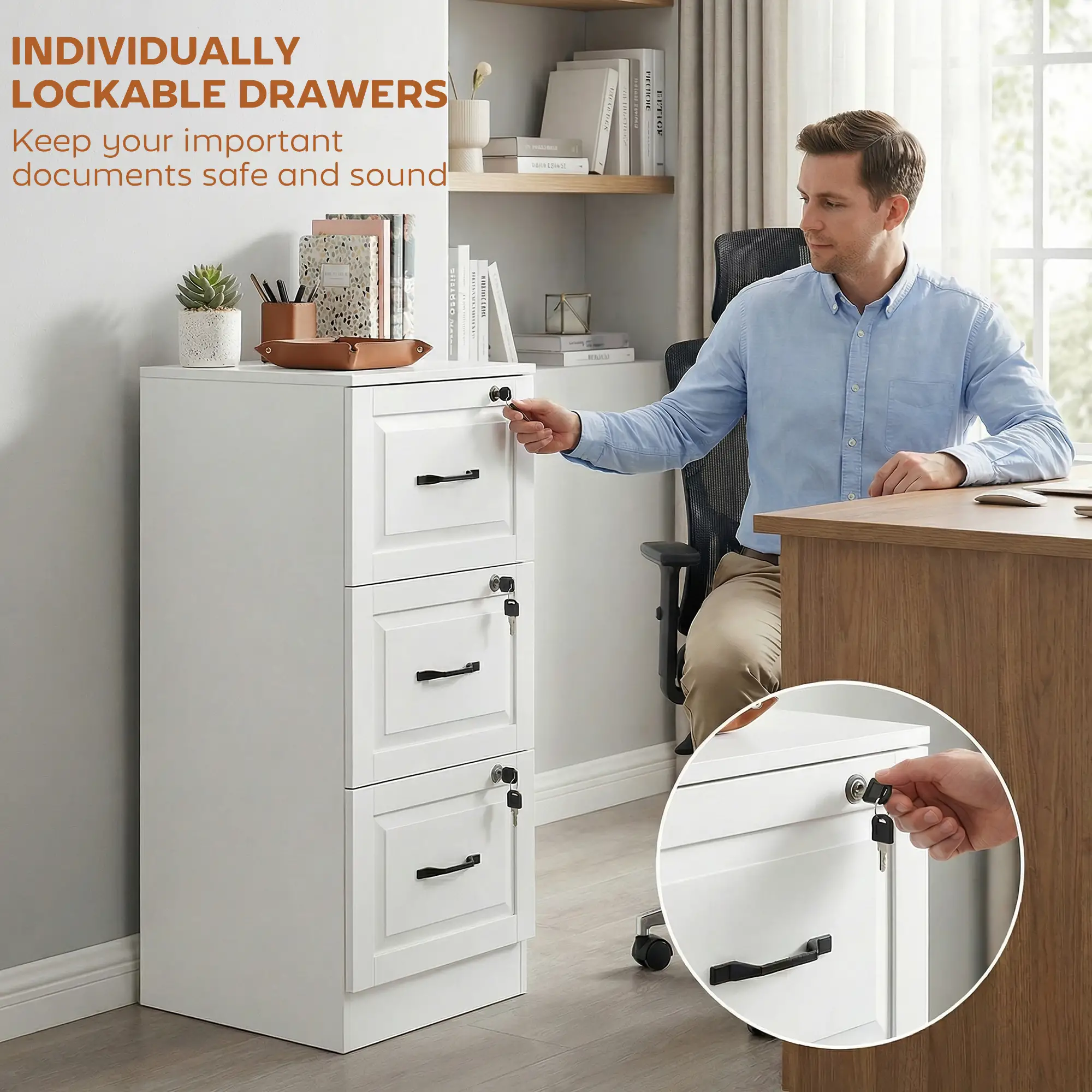 3 Drawer File Cabinet With Lock, Vertical Filing Cabinet, White - Image 6