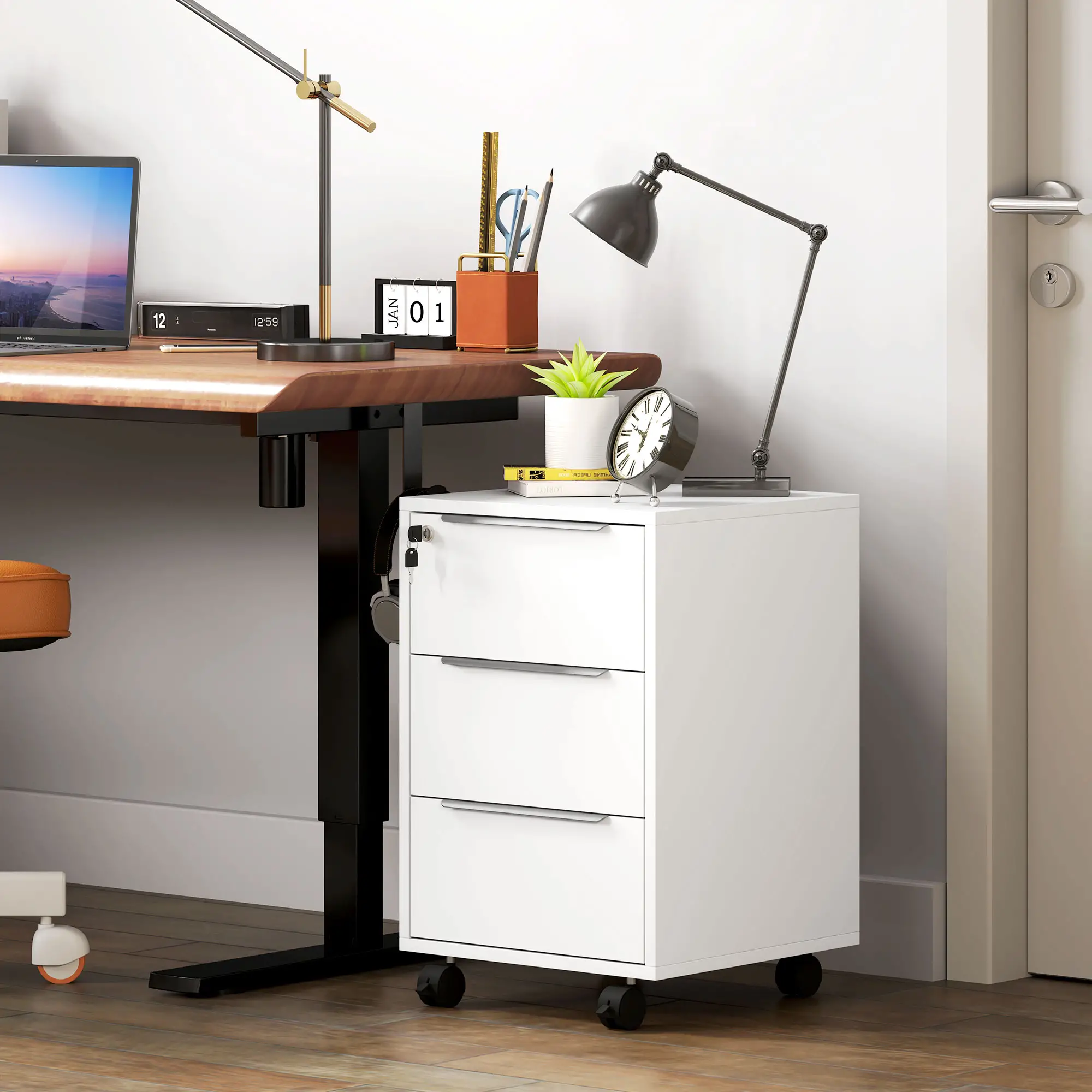 3-Drawer File Cabinet with Wheels, Vertical, Lock, White - Image 10