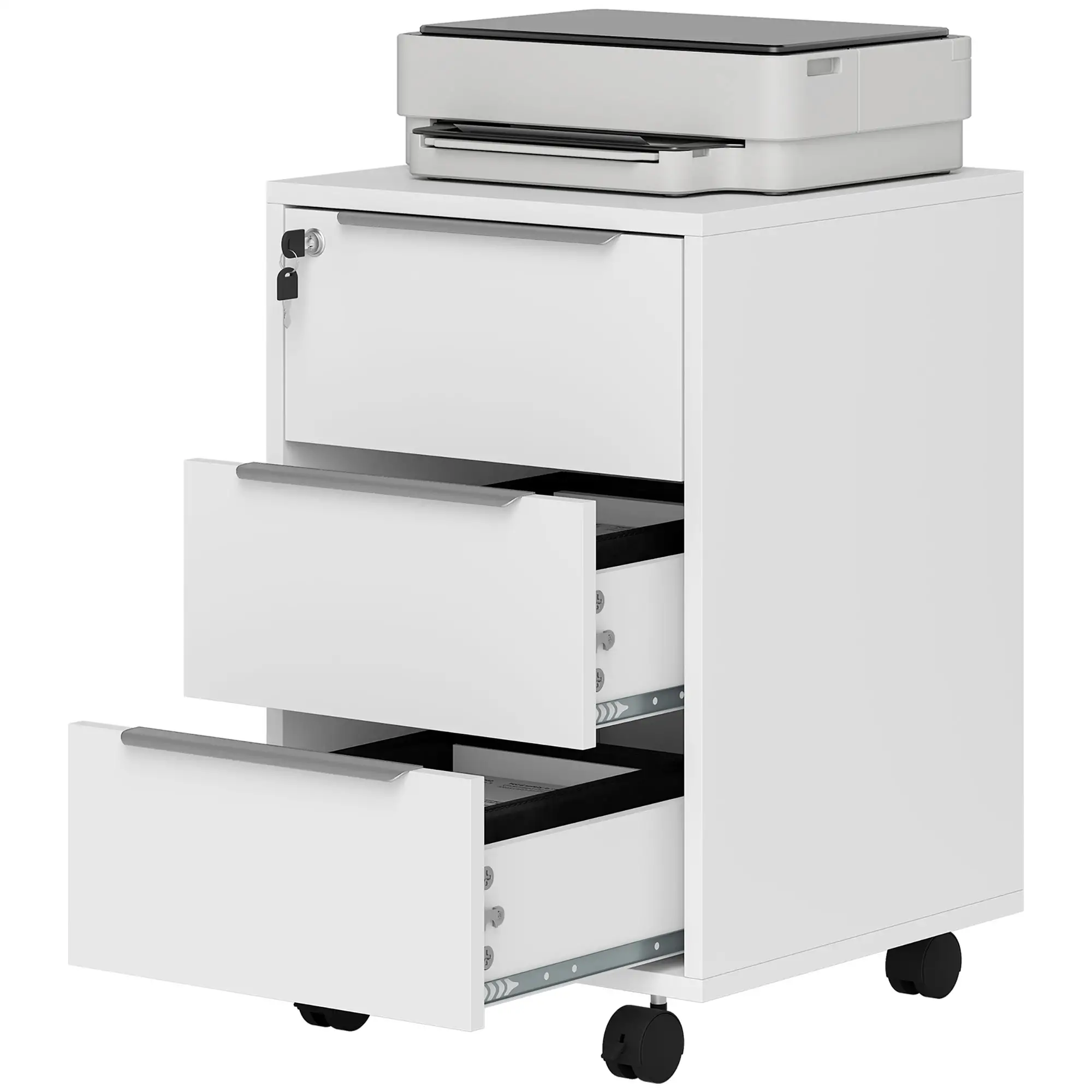 3-Drawer File Cabinet with Wheels, Vertical, Lock, White - Image 11