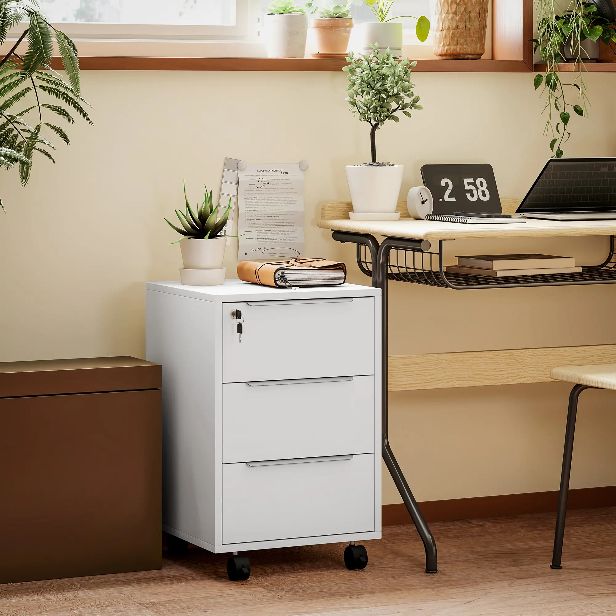 3-Drawer File Cabinet with Wheels, Vertical, Lock, White - Image 2