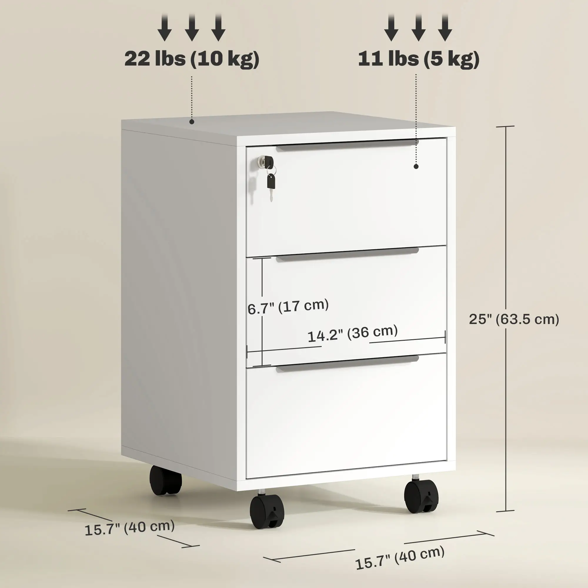 3-Drawer File Cabinet with Wheels, Vertical, Lock, White - Image 3