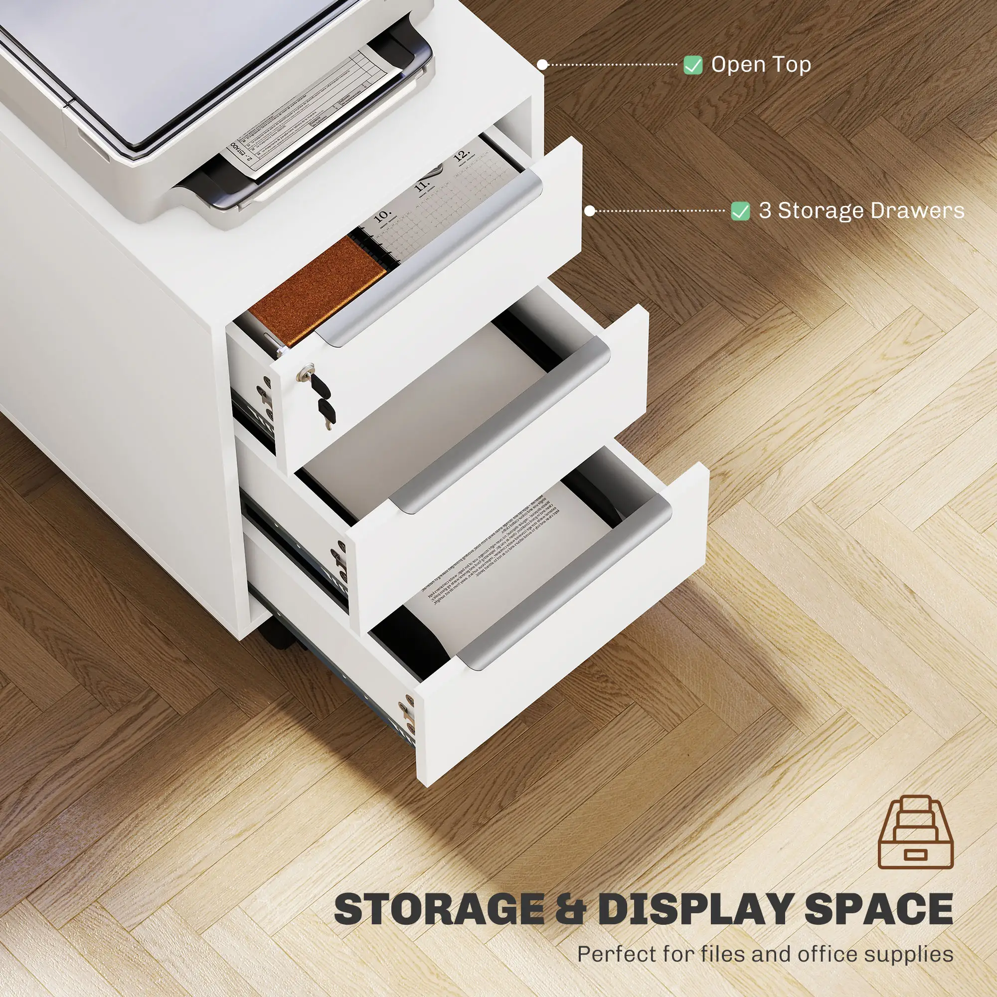 3-Drawer File Cabinet with Wheels, Vertical, Lock, White - Image 4