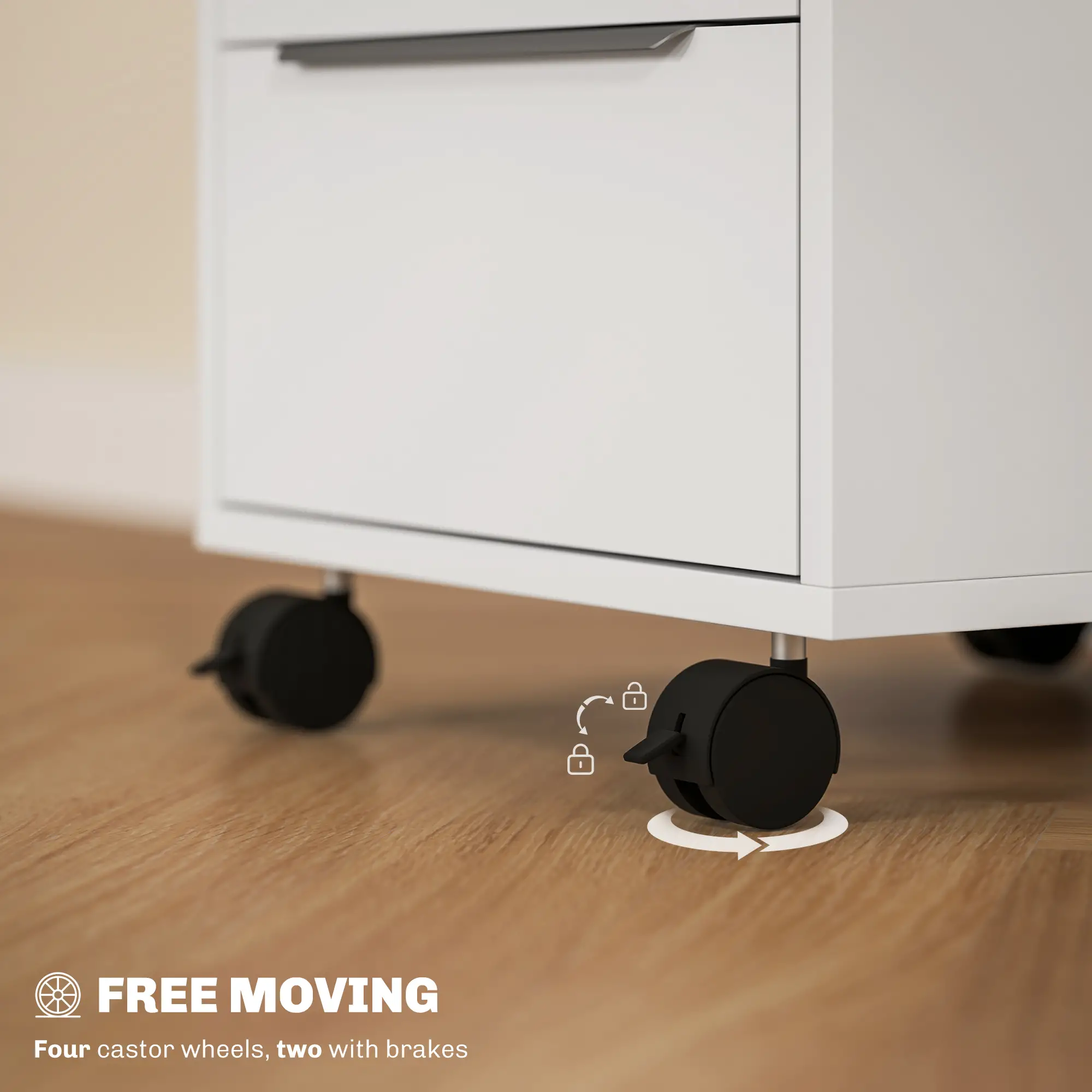 3-Drawer File Cabinet with Wheels, Vertical, Lock, White - Image 5