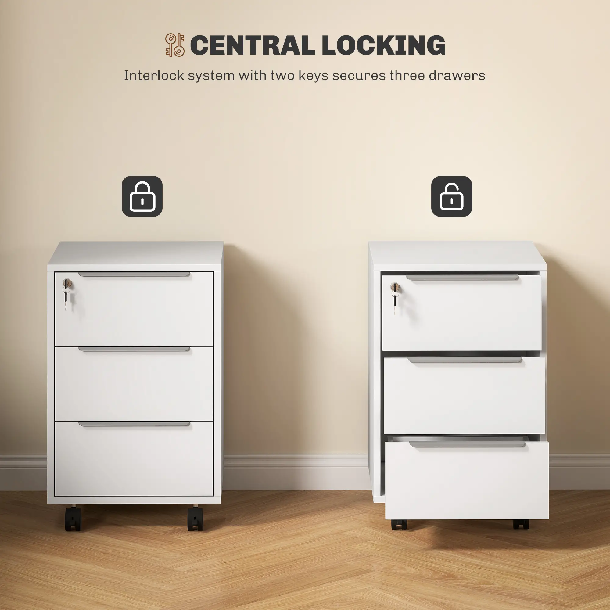 3-Drawer File Cabinet with Wheels, Vertical, Lock, White - Image 7
