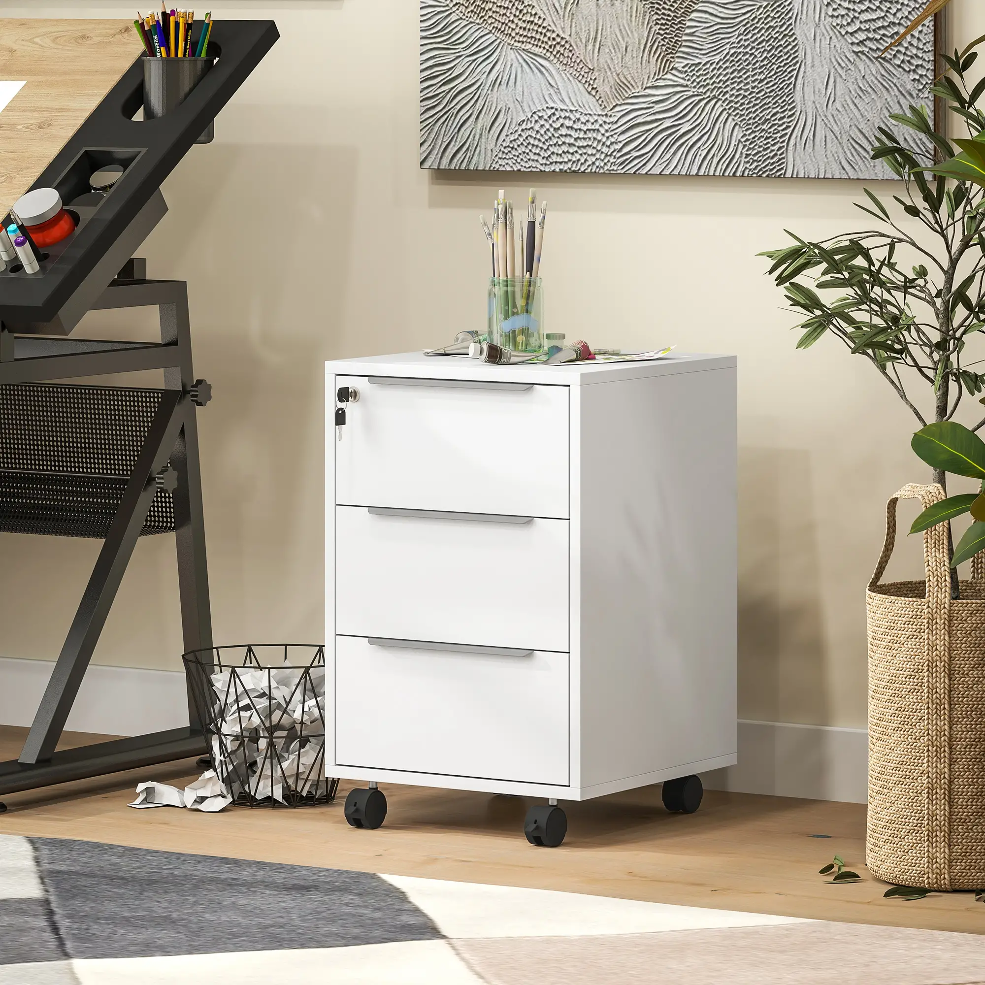 3-Drawer File Cabinet with Wheels, Vertical, Lock, White - Image 8