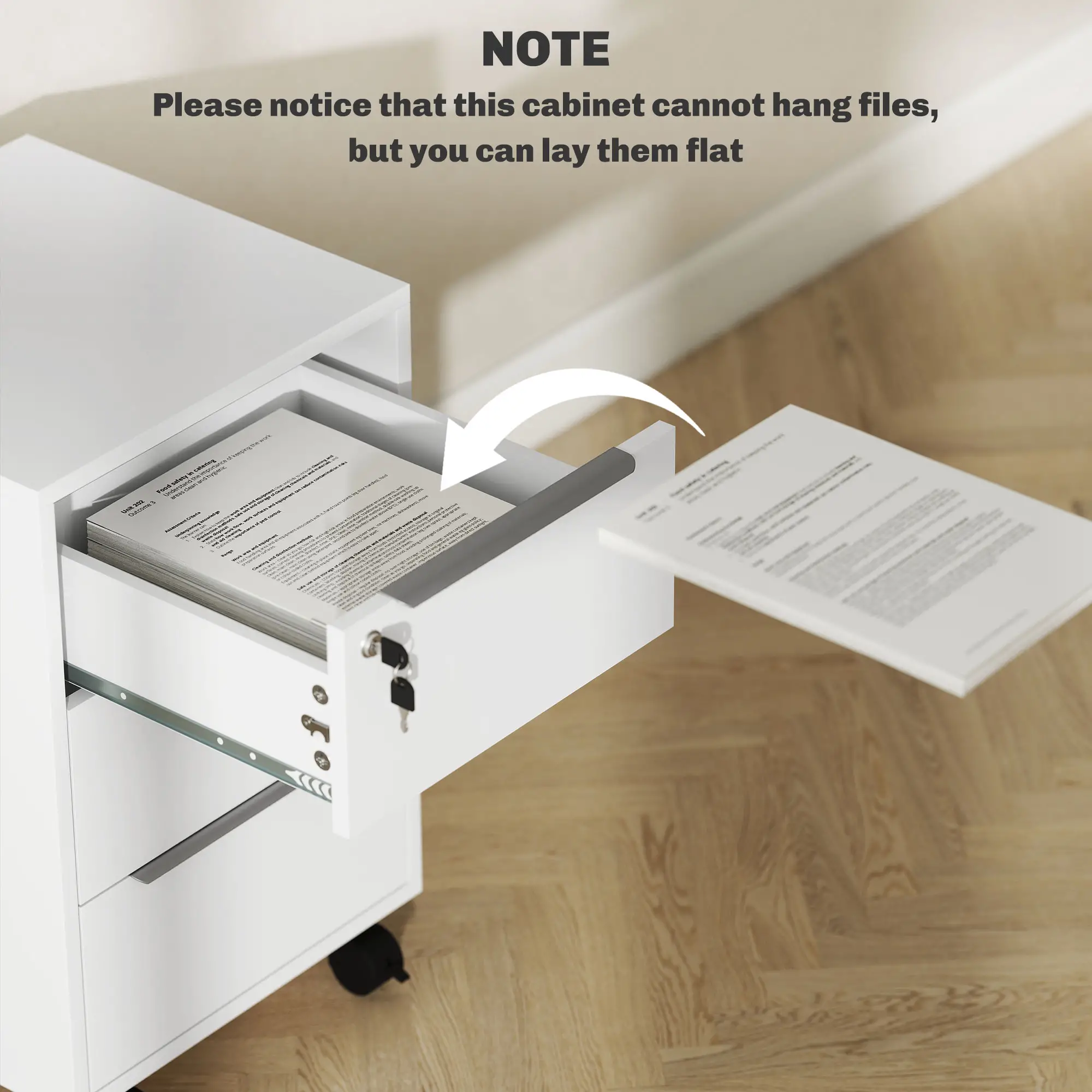 3-Drawer File Cabinet with Wheels, Vertical, Lock, White - Image 9