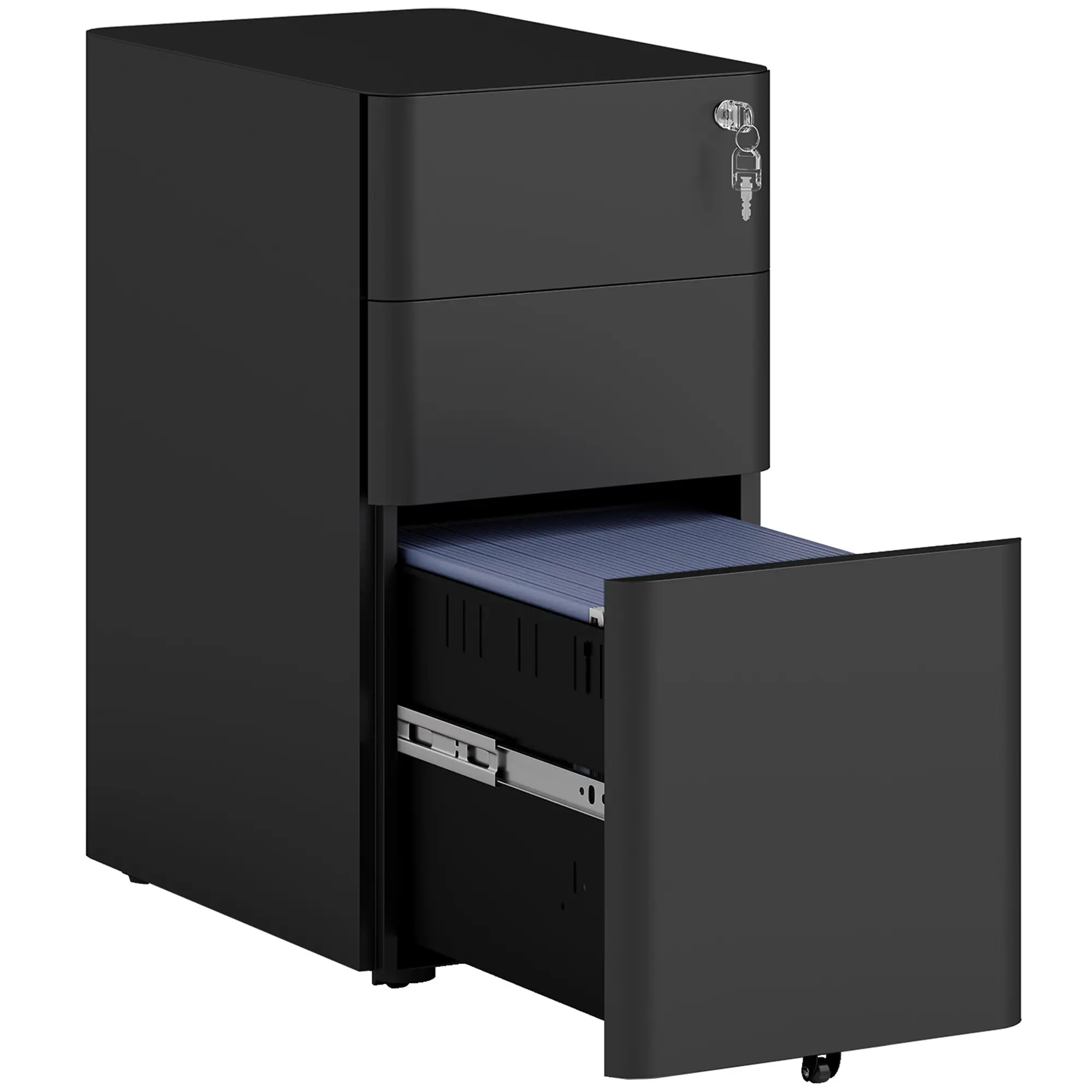 3 Drawer Filing Cabinet, Lockable Steel Office Storage, Black - Image 11