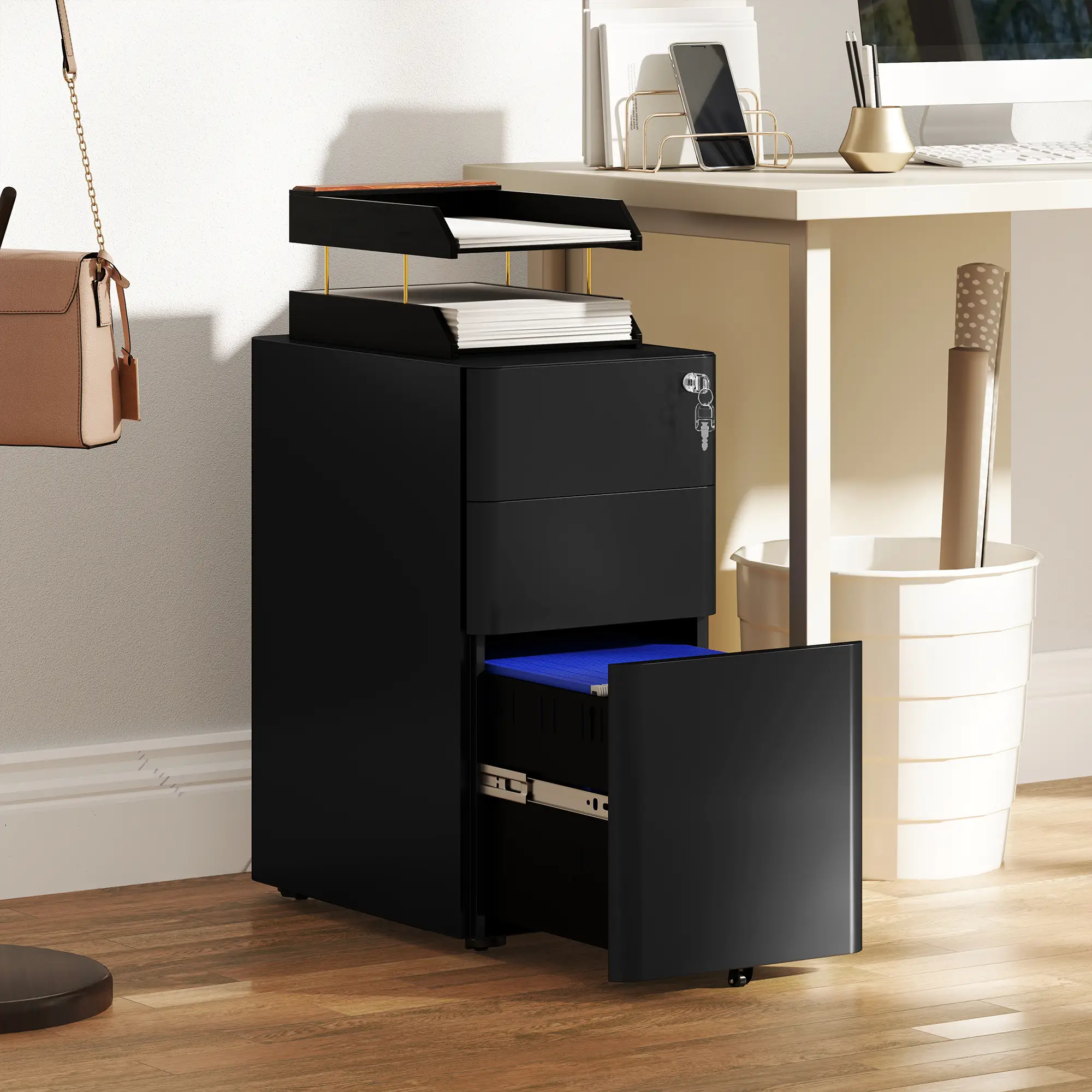 3 Drawer Filing Cabinet, Lockable Steel Office Storage, Black - Image 8