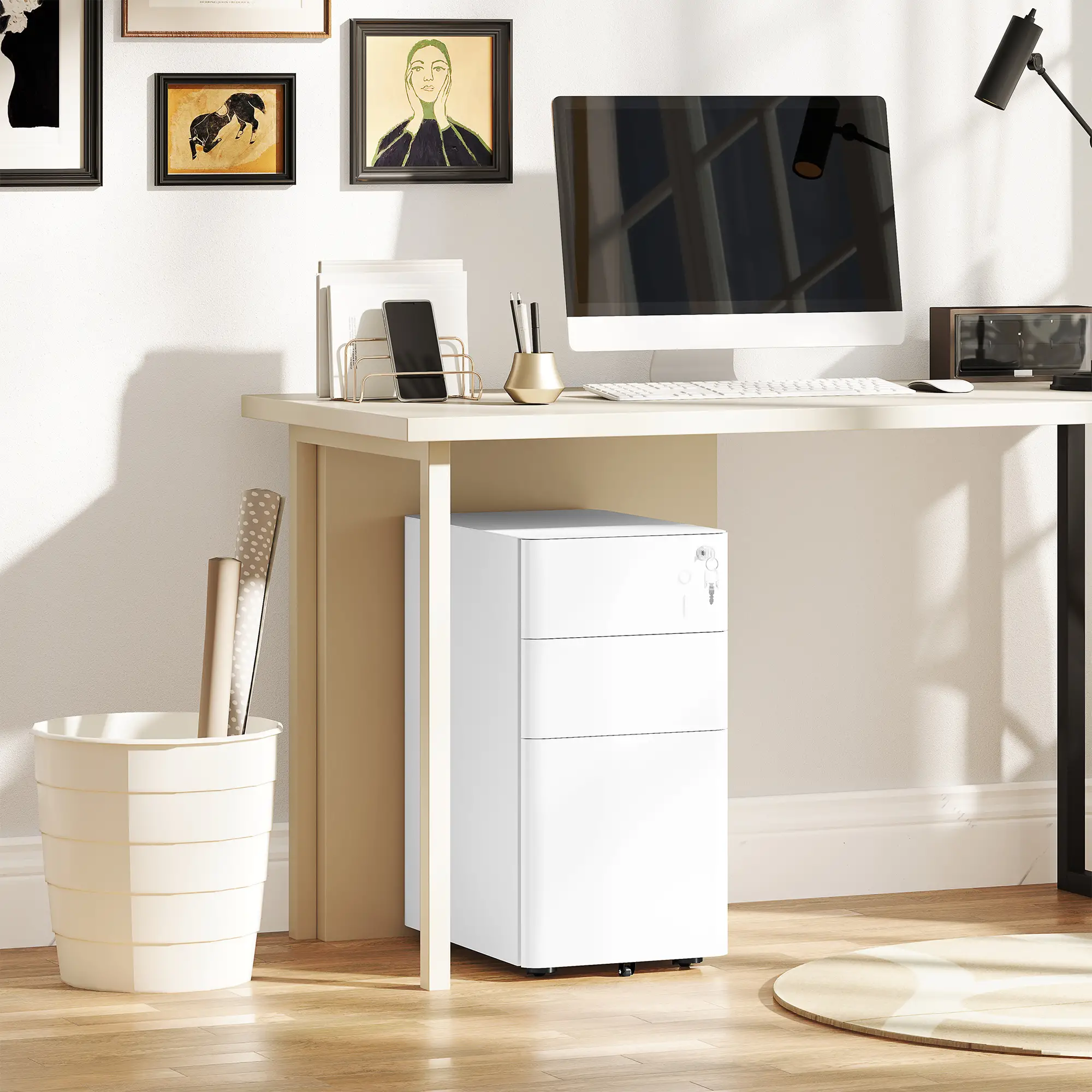 3 Drawer Filing Cabinet, Lockable Steel Office Storage, White - Image 10