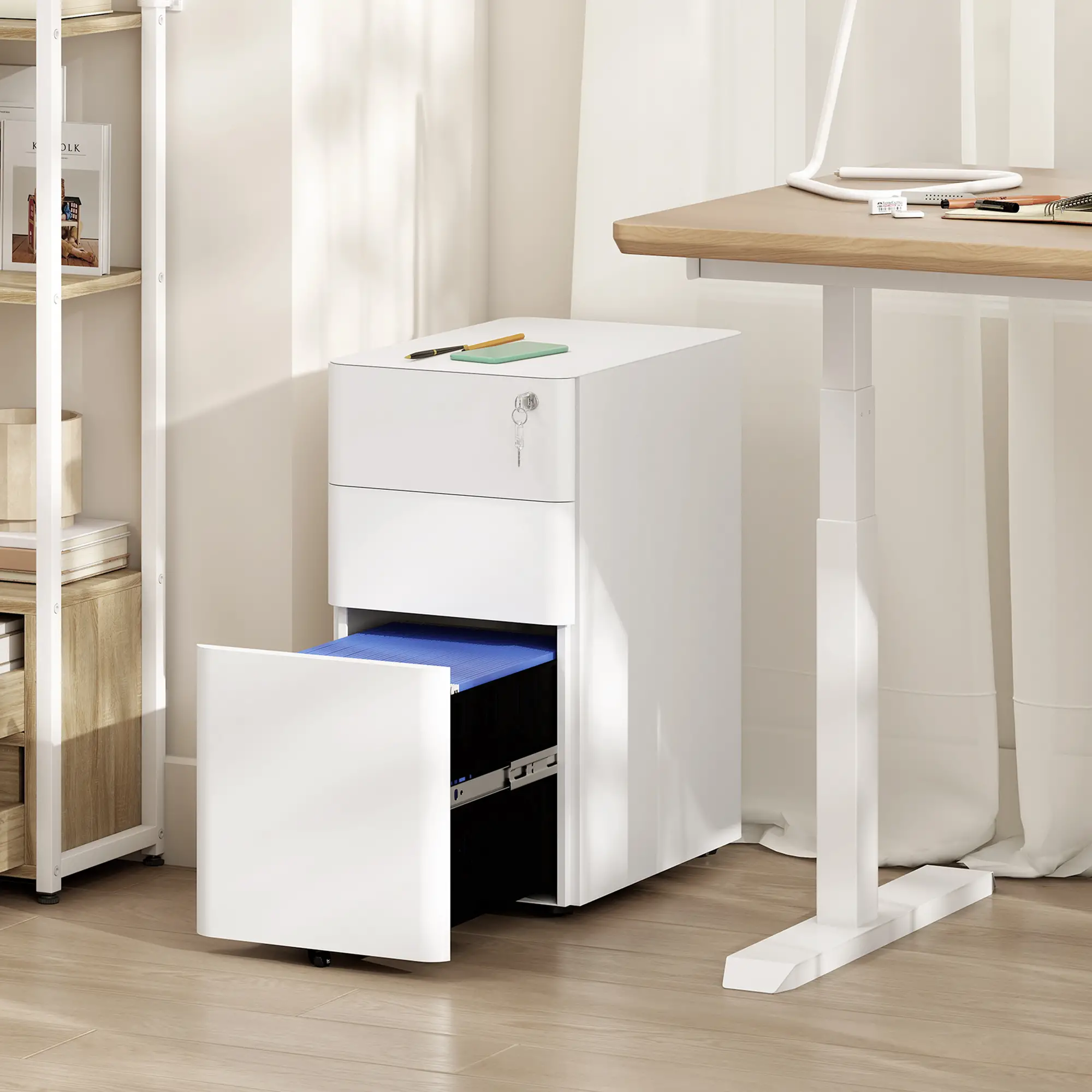 3 Drawer Filing Cabinet, Lockable Steel Office Storage, White - Image 2