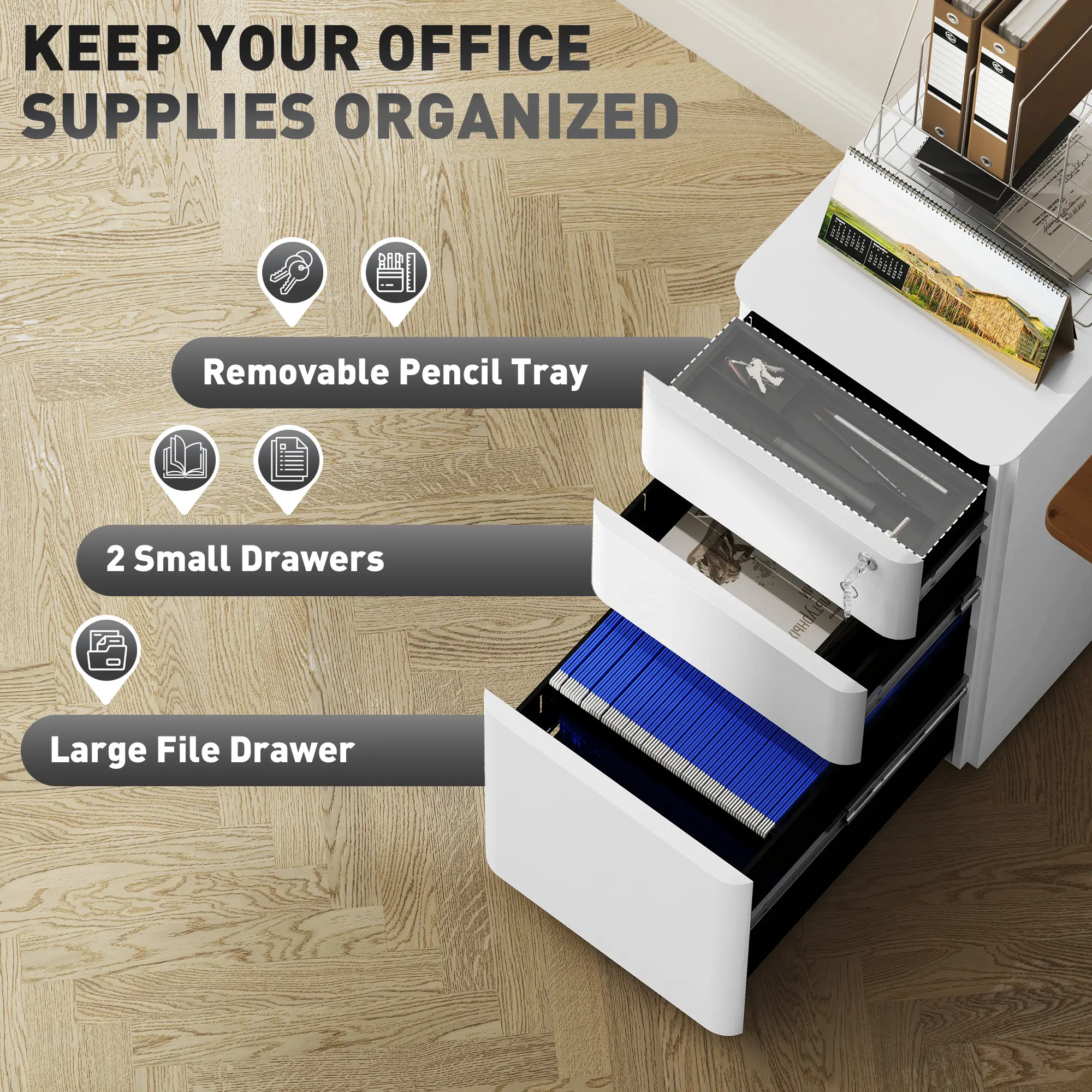3 Drawer Filing Cabinet, Lockable Steel Office Storage, White - Image 4