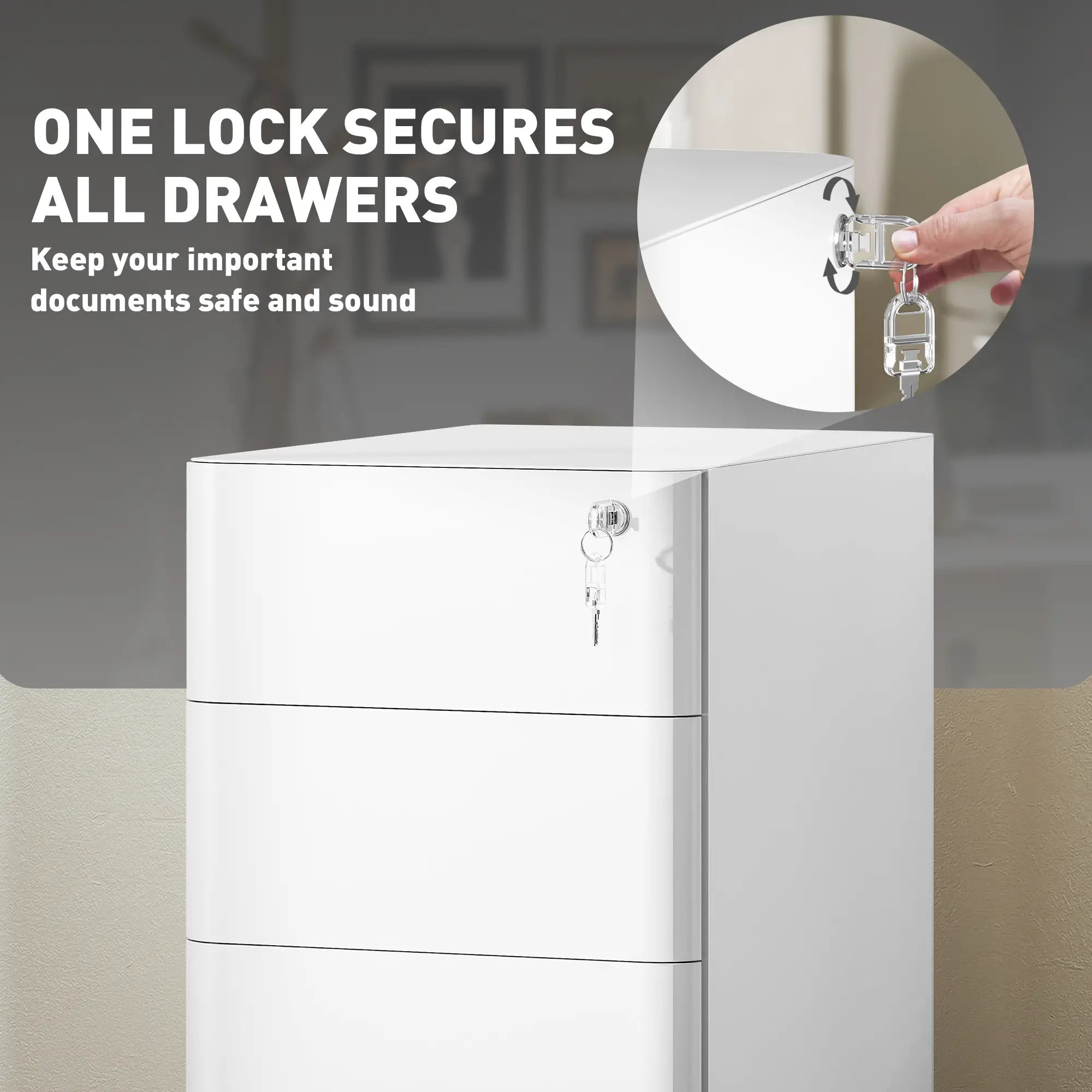 3 Drawer Filing Cabinet, Lockable Steel Office Storage, White - Image 6