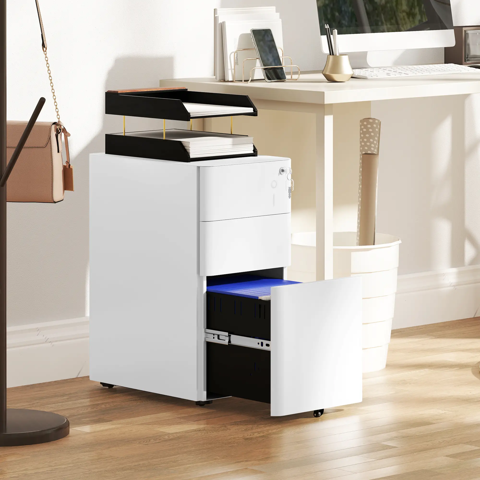 3 Drawer Filing Cabinet, Lockable Steel Office Storage, White - Image 8