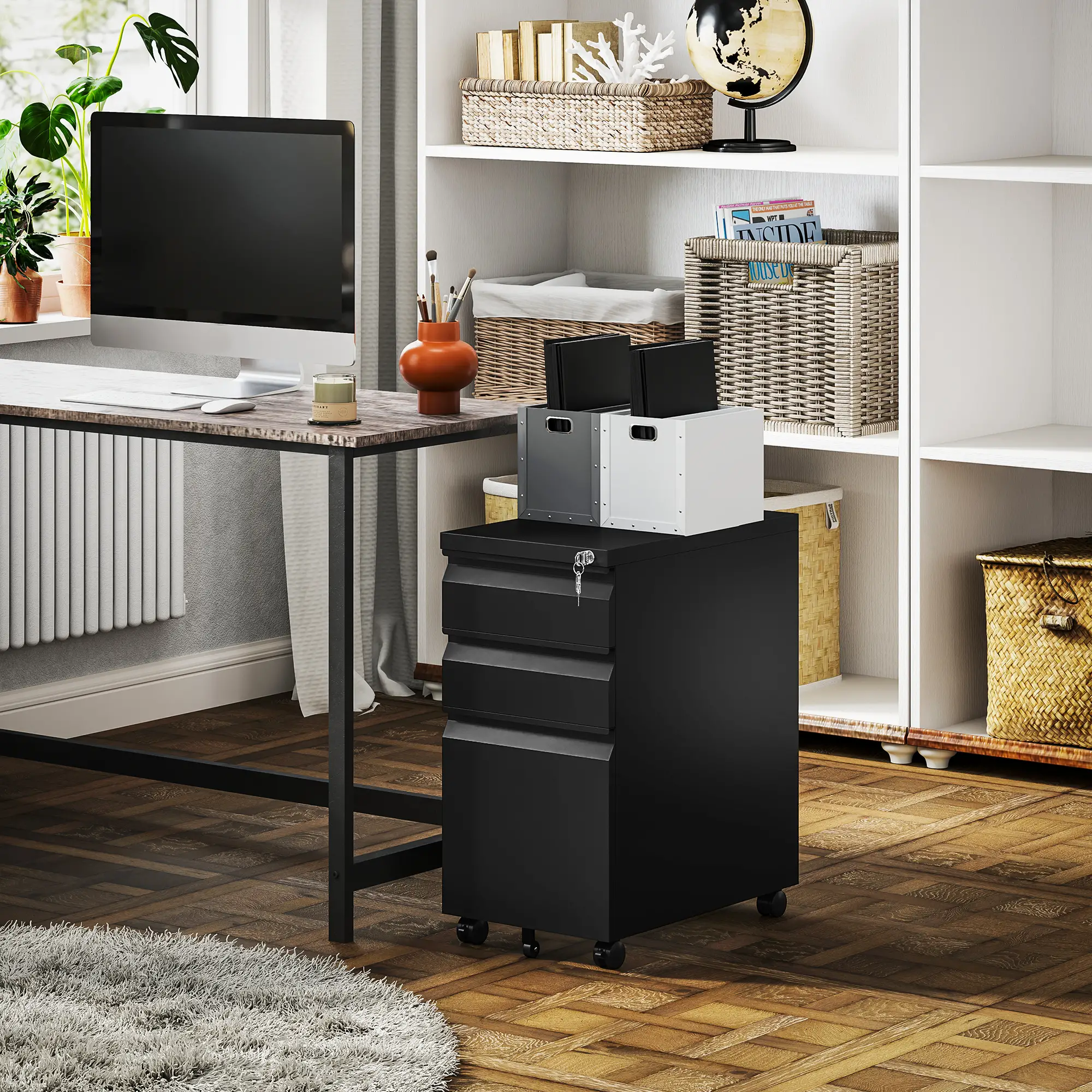 3 Drawer Filing Cabinet with Lock, Steel Office Storage, Black - Image 8