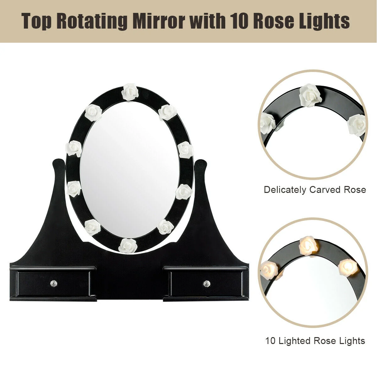 3 Drawer Lighted Mirror Vanity Table With Stool, Black - Image 10