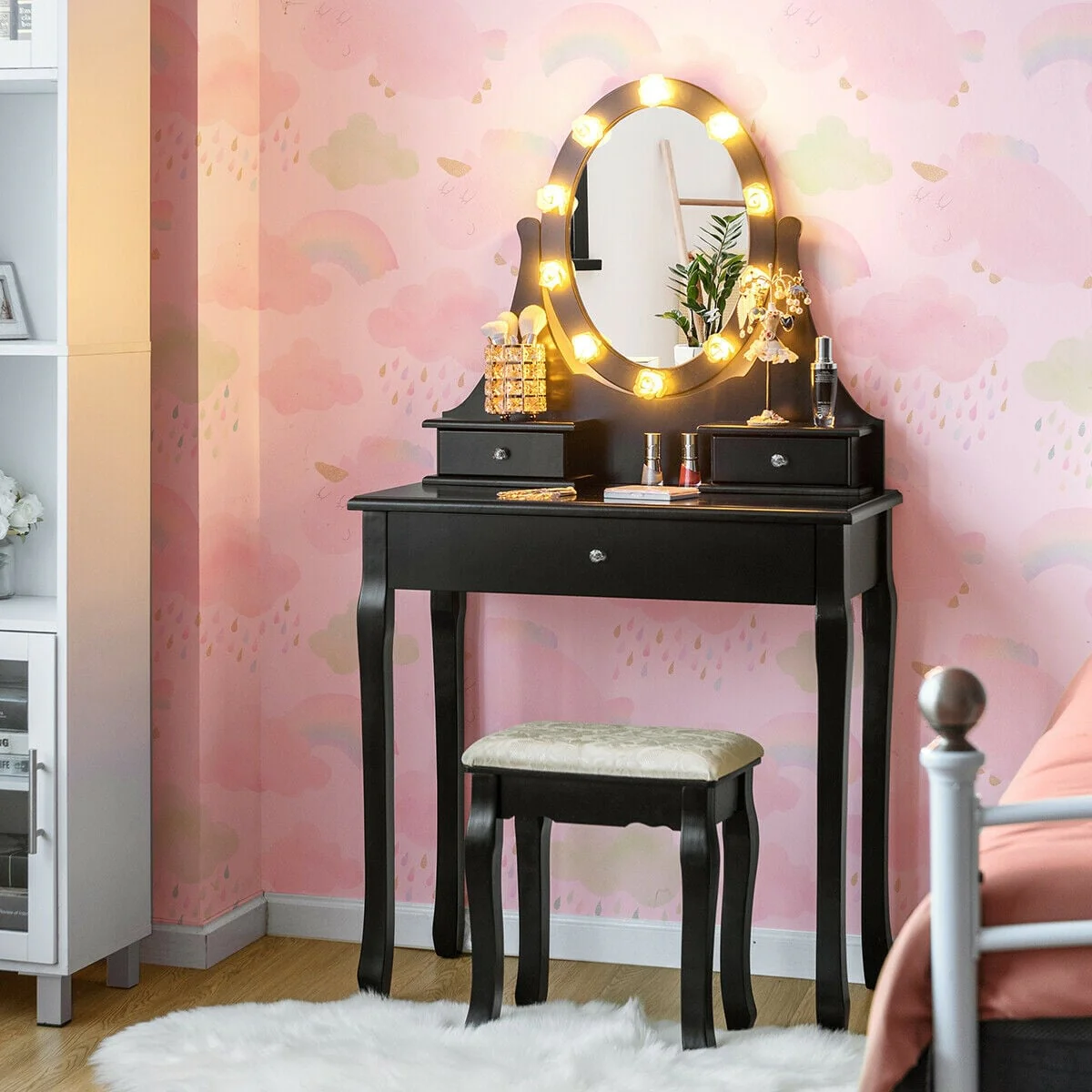 3 Drawer Lighted Mirror Vanity Table With Stool, Black - Image 3