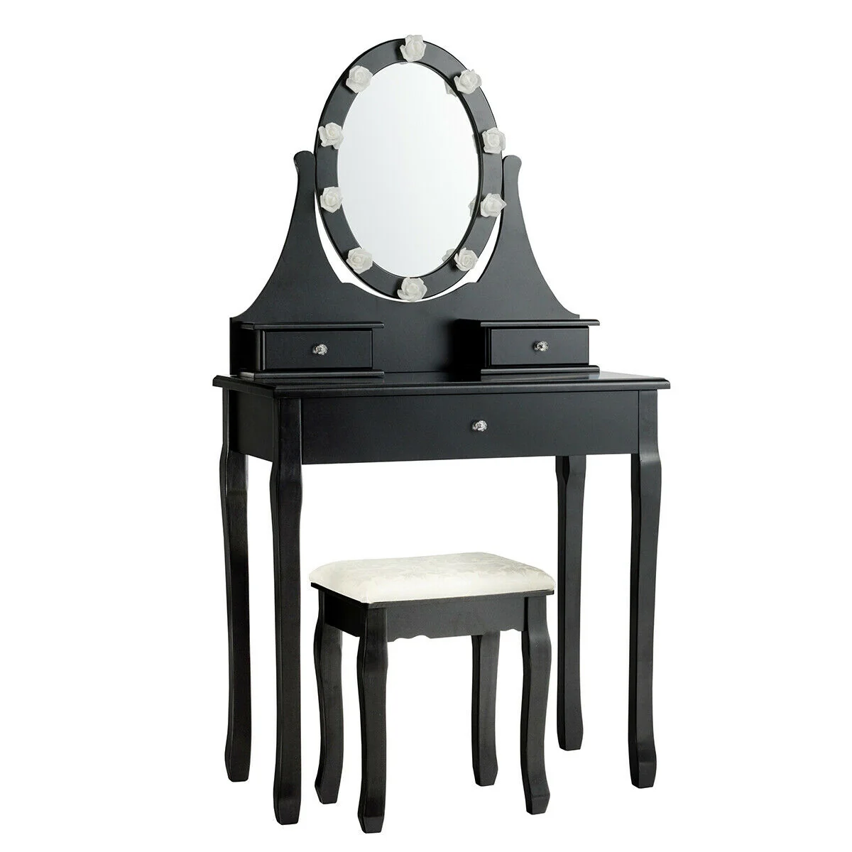 3 Drawer Lighted Mirror Vanity Table With Stool, Black - Image 4