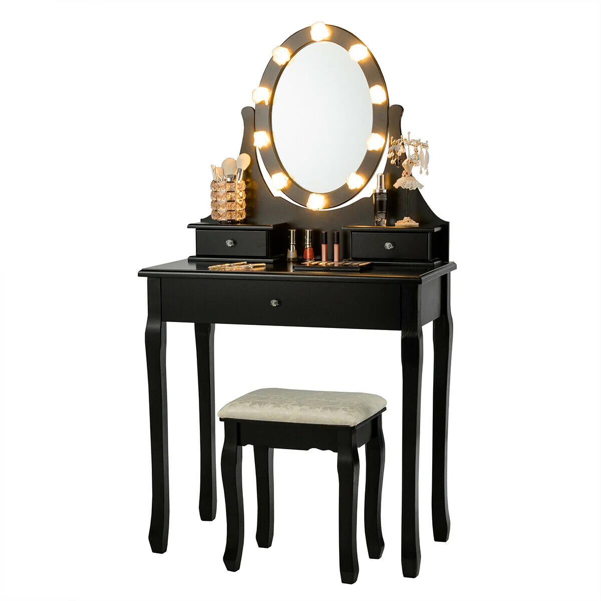 3 Drawer Lighted Mirror Vanity Table With Stool, Black - Image 5