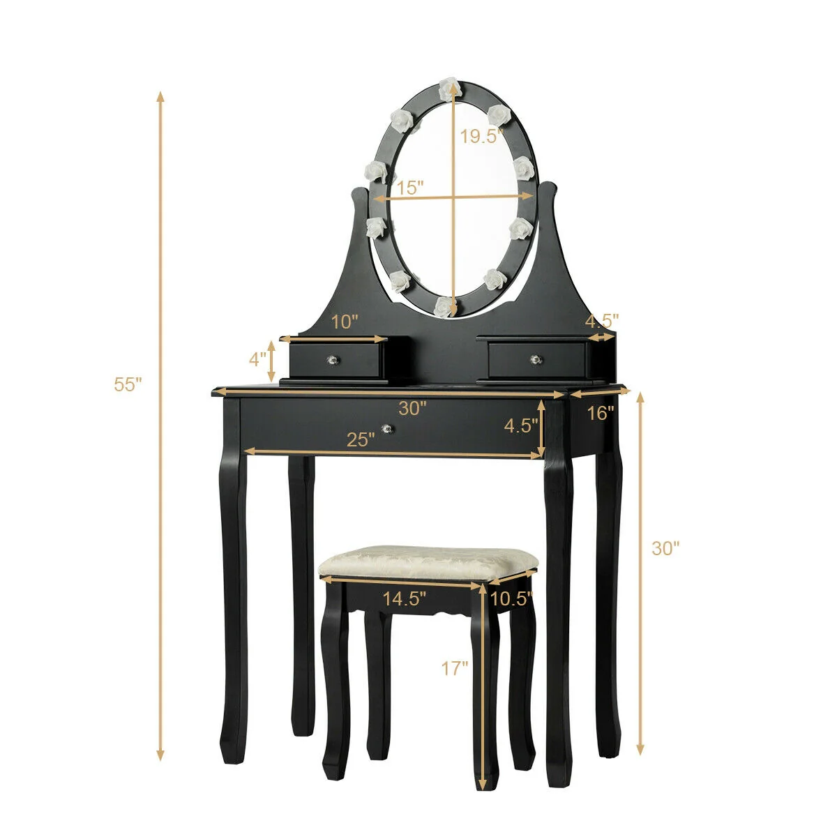 3 Drawer Lighted Mirror Vanity Table With Stool, Black - Image 6