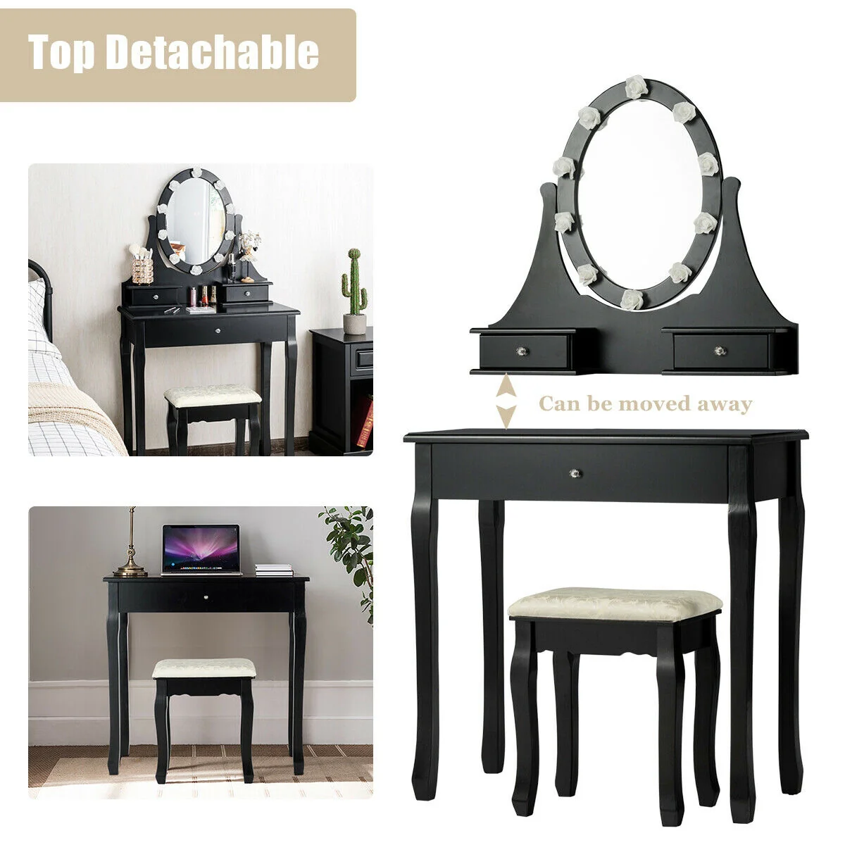 3 Drawer Lighted Mirror Vanity Table With Stool, Black - Image 7