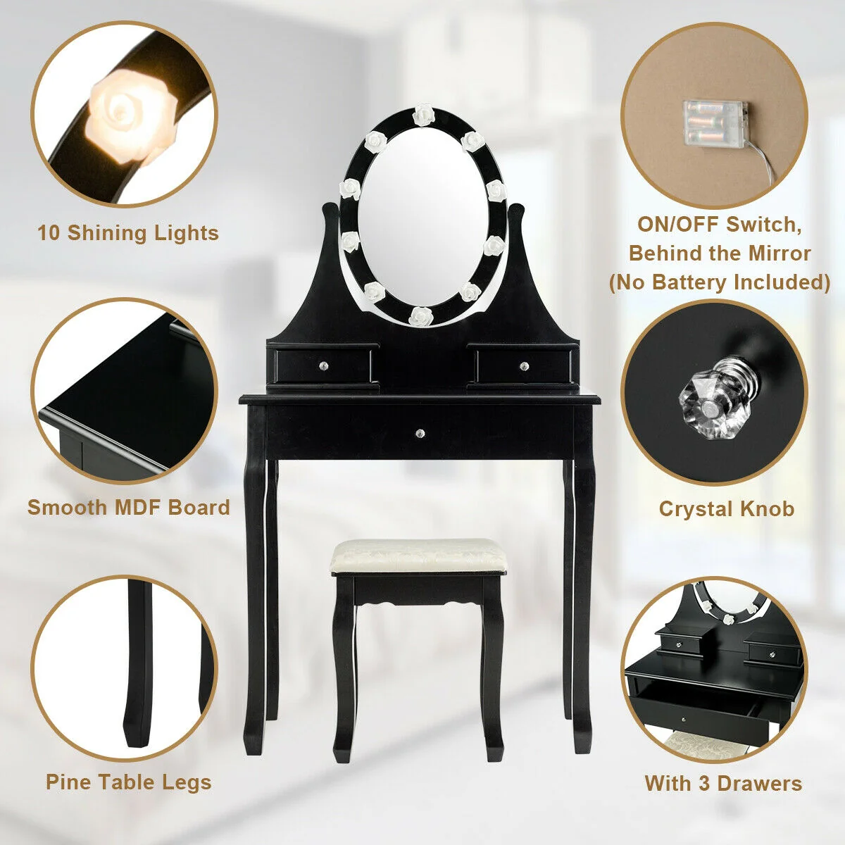 3 Drawer Lighted Mirror Vanity Table With Stool, Black - Image 8