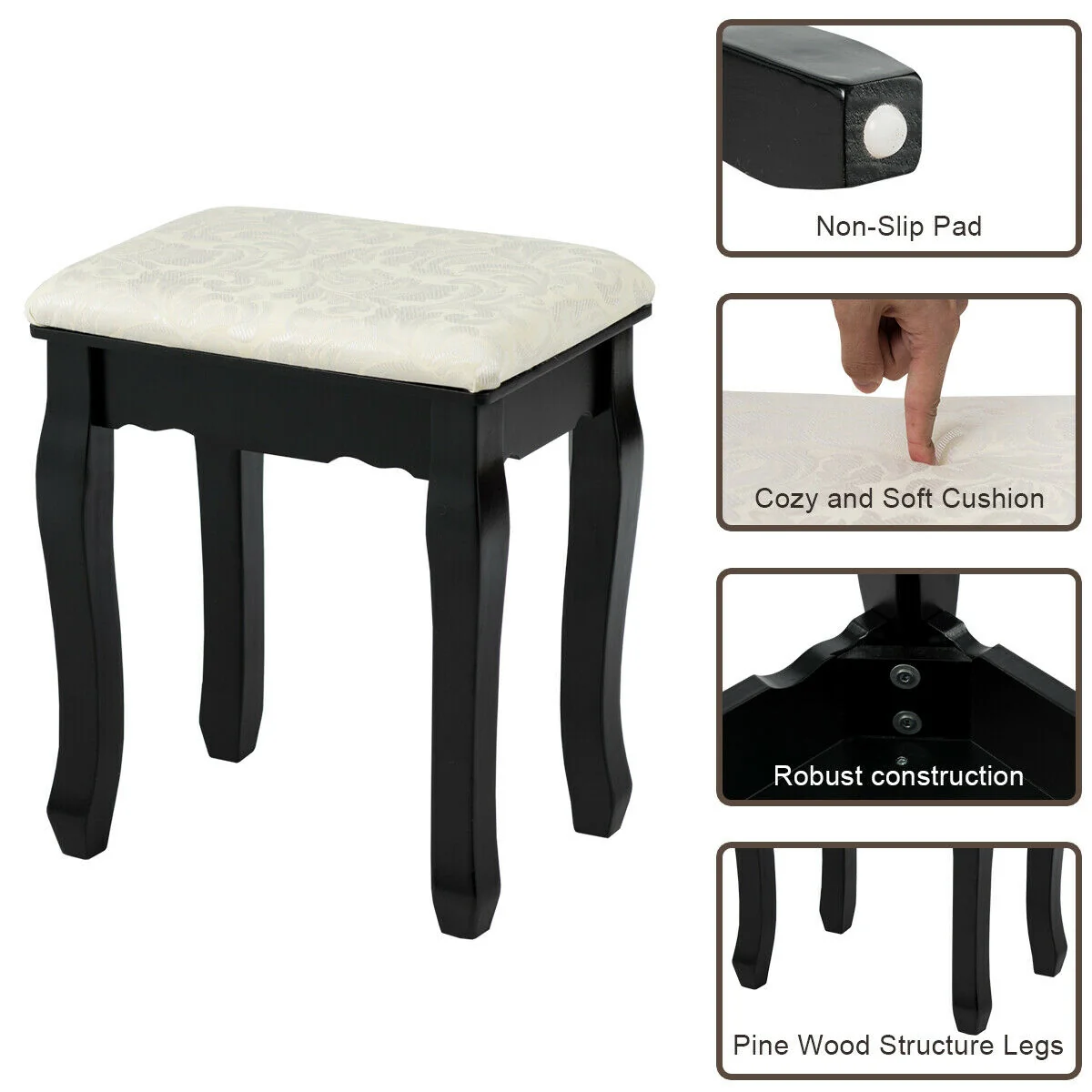 3 Drawer Lighted Mirror Vanity Table With Stool, Black - Image 9