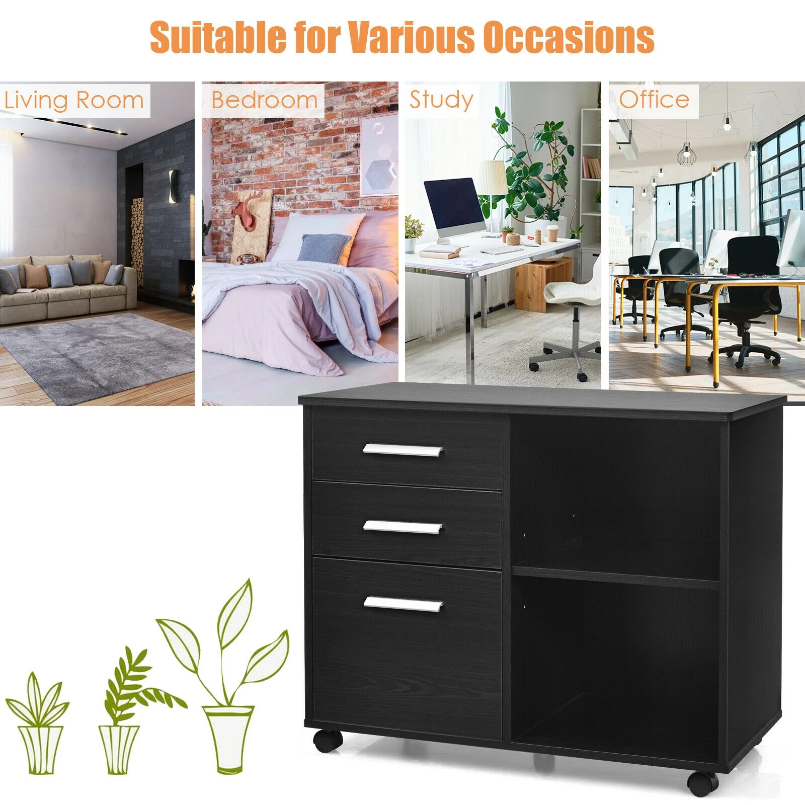 3-Drawer Mobile Lateral File Cabinet Printer Stand, Black - Image 10