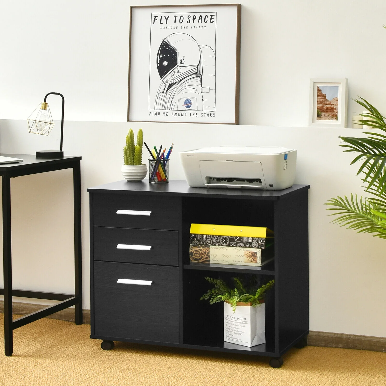 3-Drawer Mobile Lateral File Cabinet Printer Stand, Black - Image 2