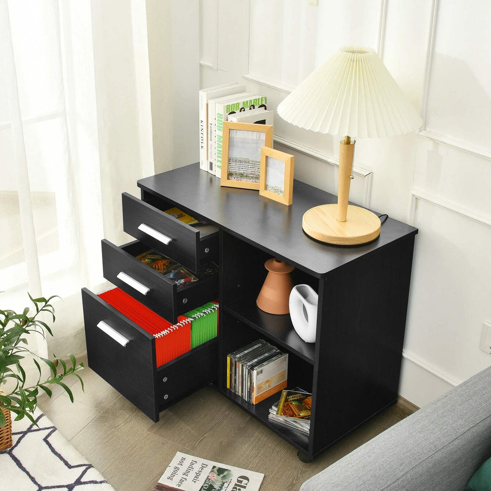 3-Drawer Mobile Lateral File Cabinet Printer Stand, Black - Image 3