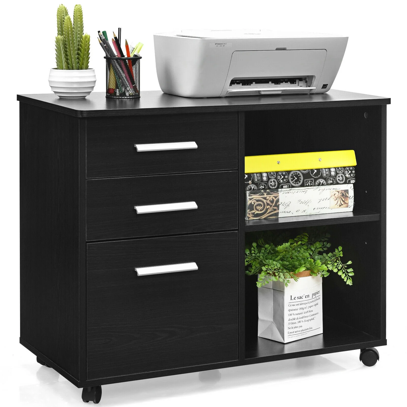 3-Drawer Mobile Lateral File Cabinet Printer Stand, Black - Image 4