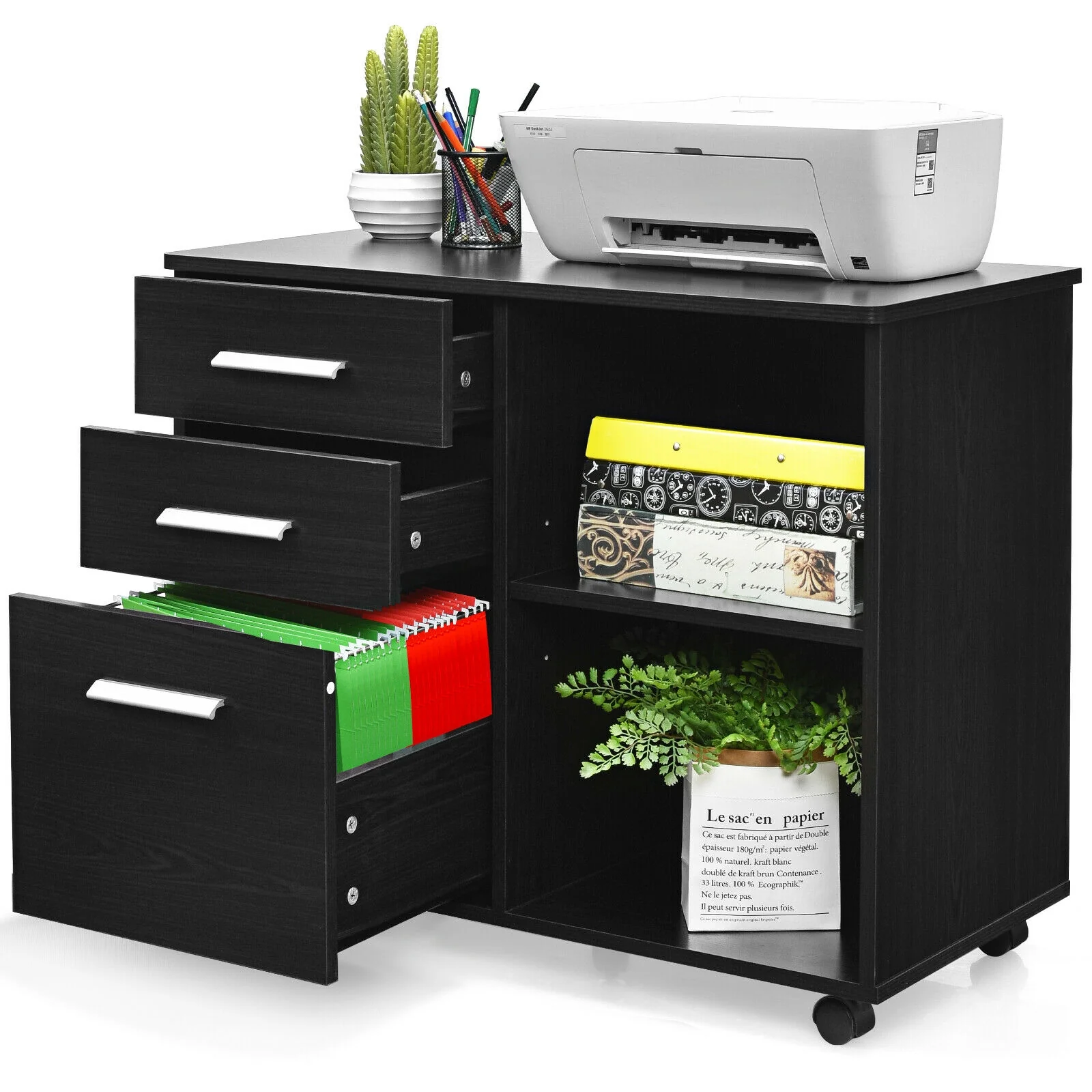 3-Drawer Mobile Lateral File Cabinet Printer Stand, Black - Image 5