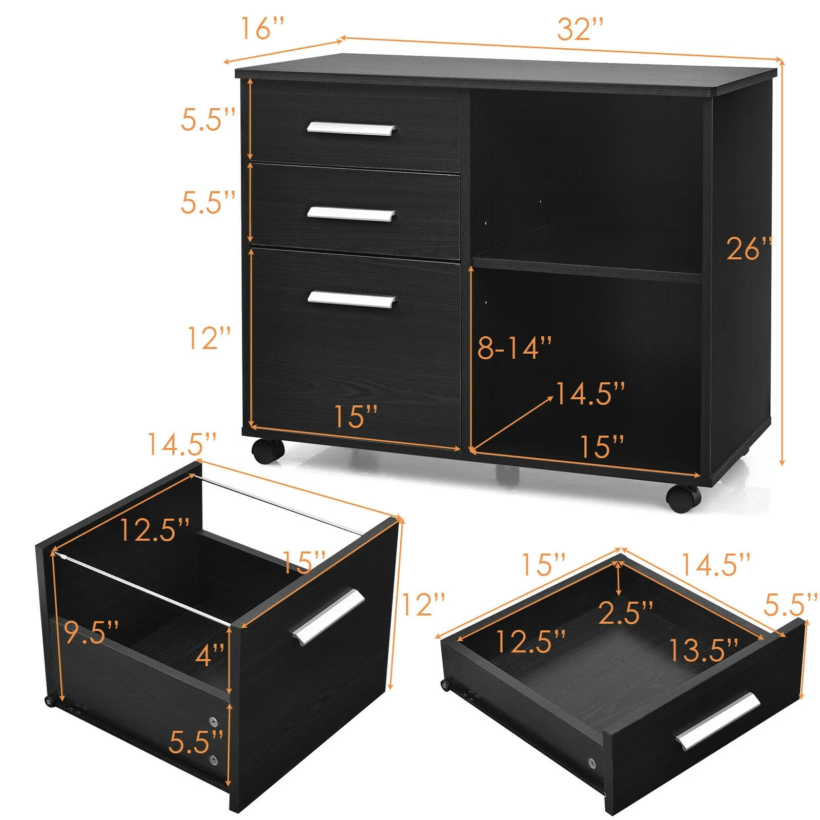 3-Drawer Mobile Lateral File Cabinet Printer Stand, Black - Image 6