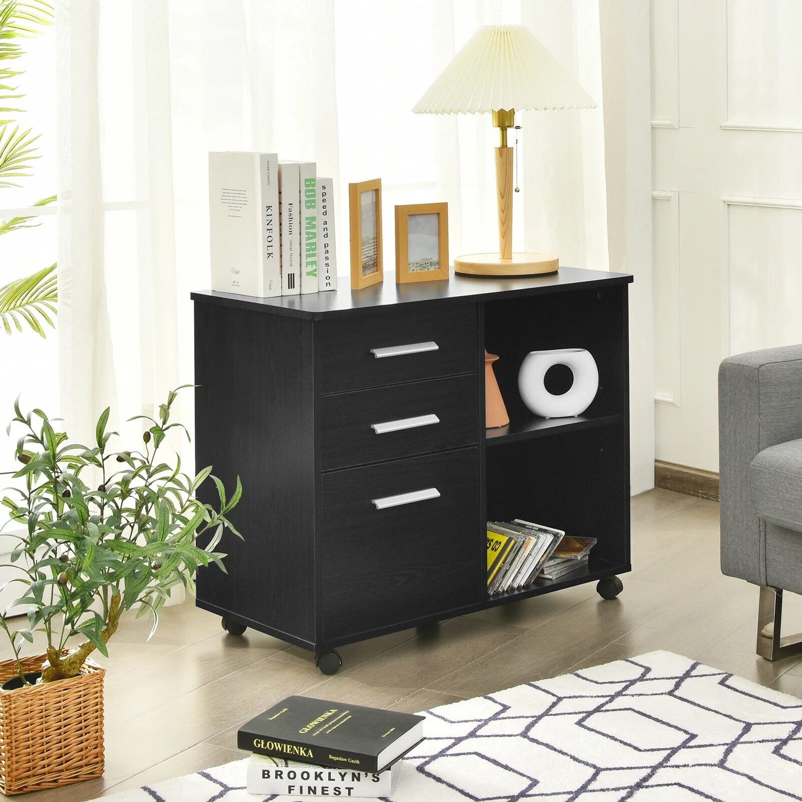 3-Drawer Mobile Lateral File Cabinet Printer Stand, Black - Image 7