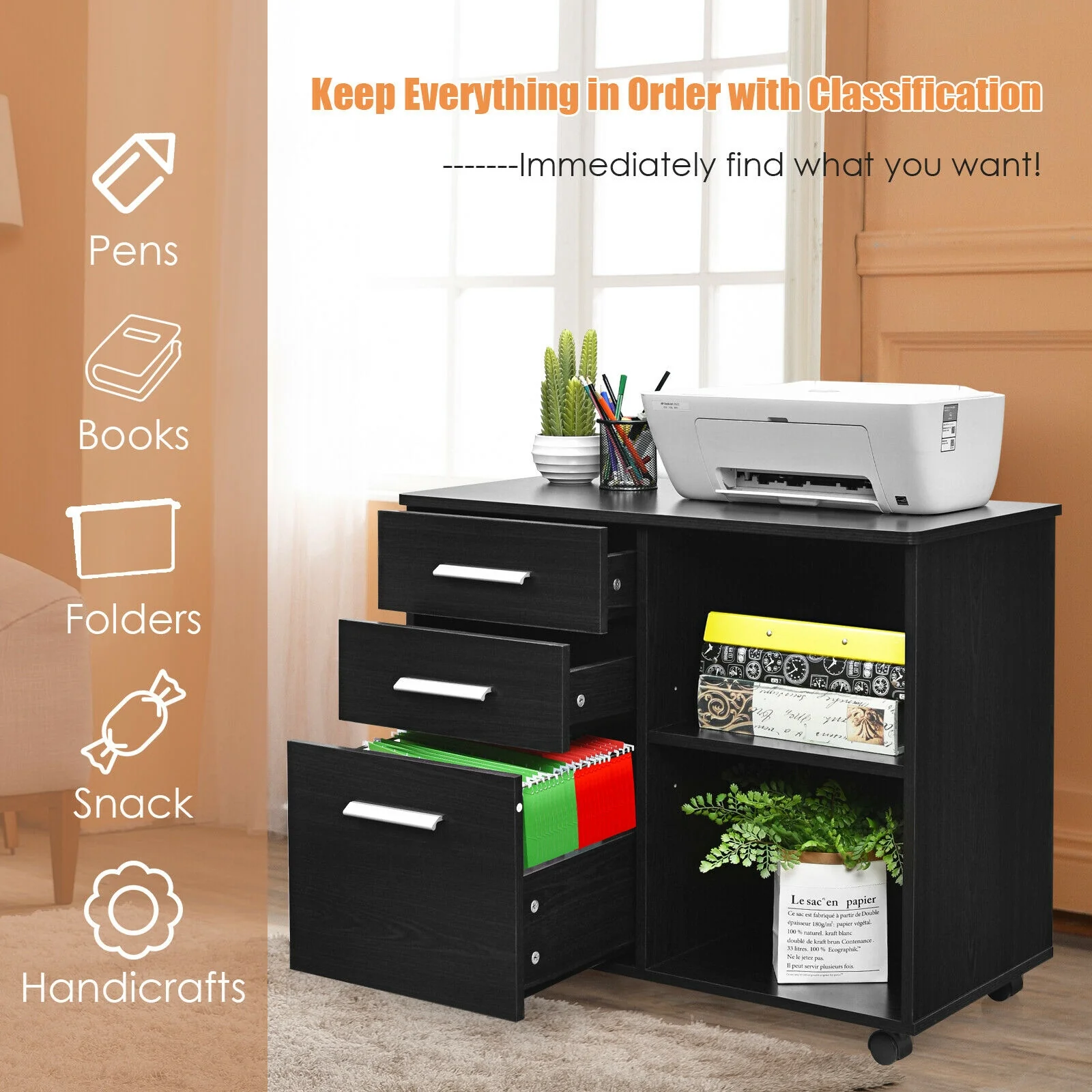 3-Drawer Mobile Lateral File Cabinet Printer Stand, Black - Image 8