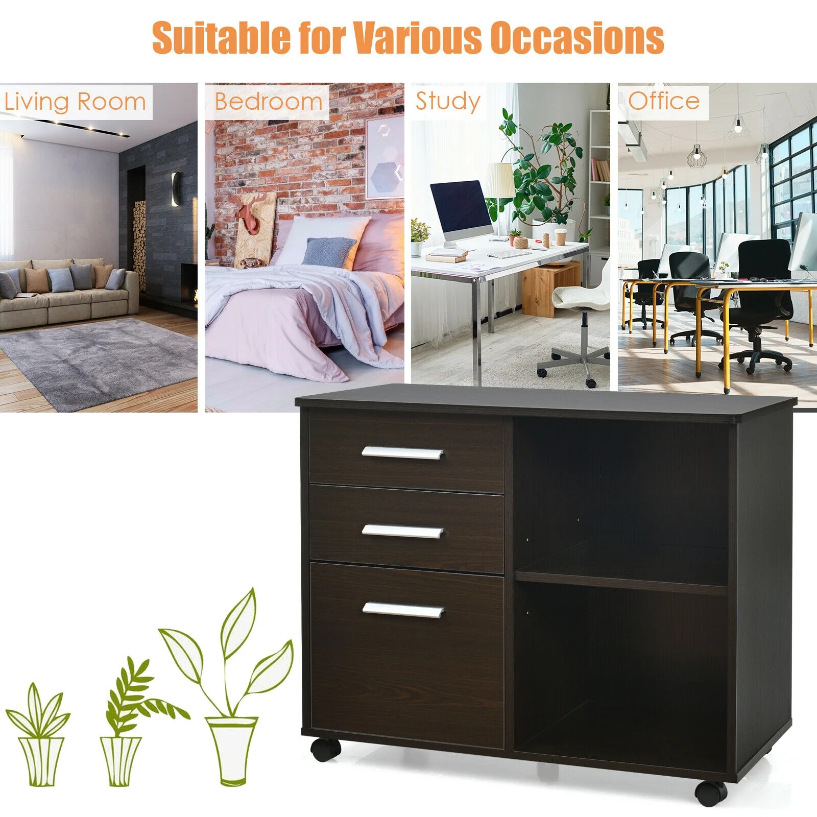 3-Drawer Mobile Lateral File Cabinet Printer Stand, Dark Brown - Image 10