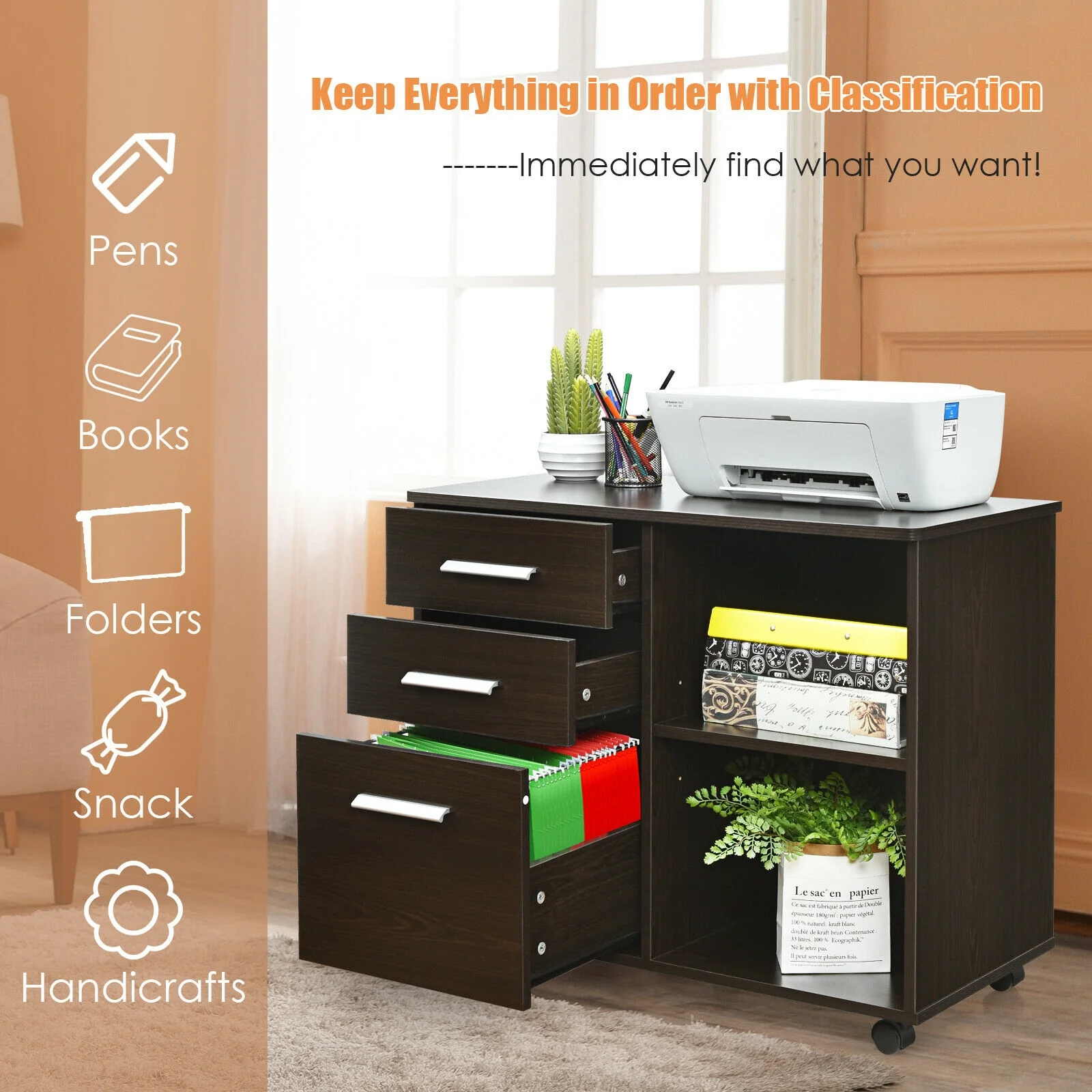 3-Drawer Mobile Lateral File Cabinet Printer Stand, Dark Brown - Image 3