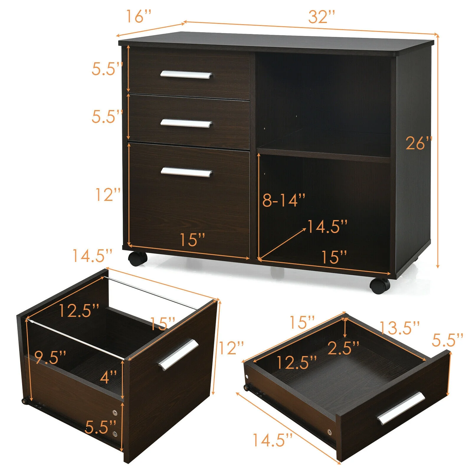 3-Drawer Mobile Lateral File Cabinet Printer Stand, Dark Brown - Image 5