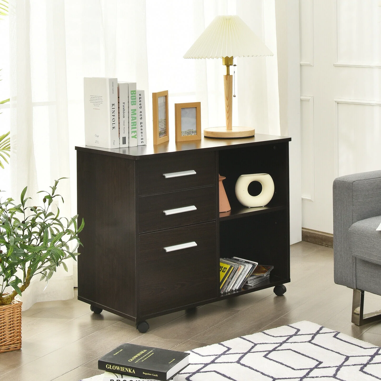 3-Drawer Mobile Lateral File Cabinet Printer Stand, Dark Brown - Image 7