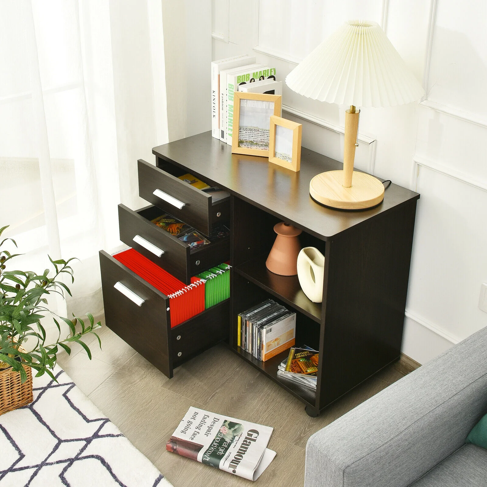 3-Drawer Mobile Lateral File Cabinet Printer Stand, Dark Brown - Image 8